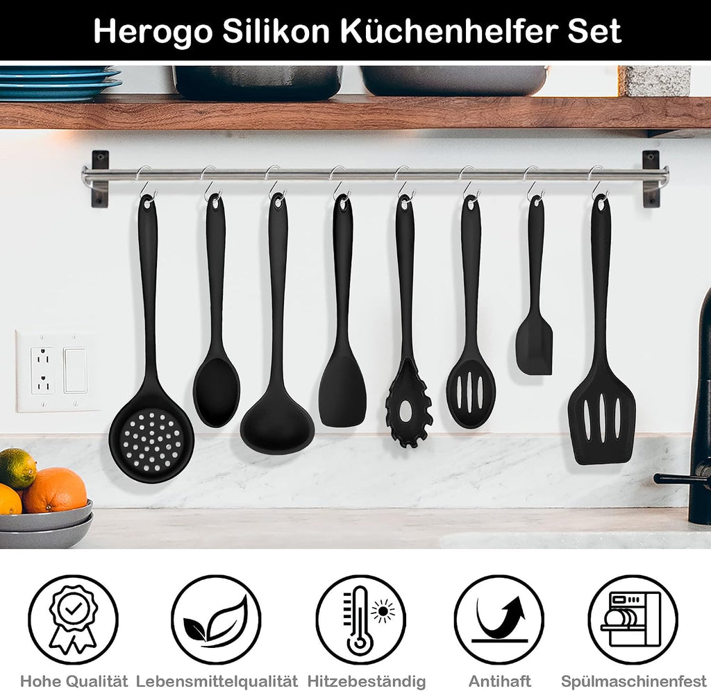 Herogo Silikon Kuechenhelfer Set 8-teilig schwarz hitzebestaendig antihaft