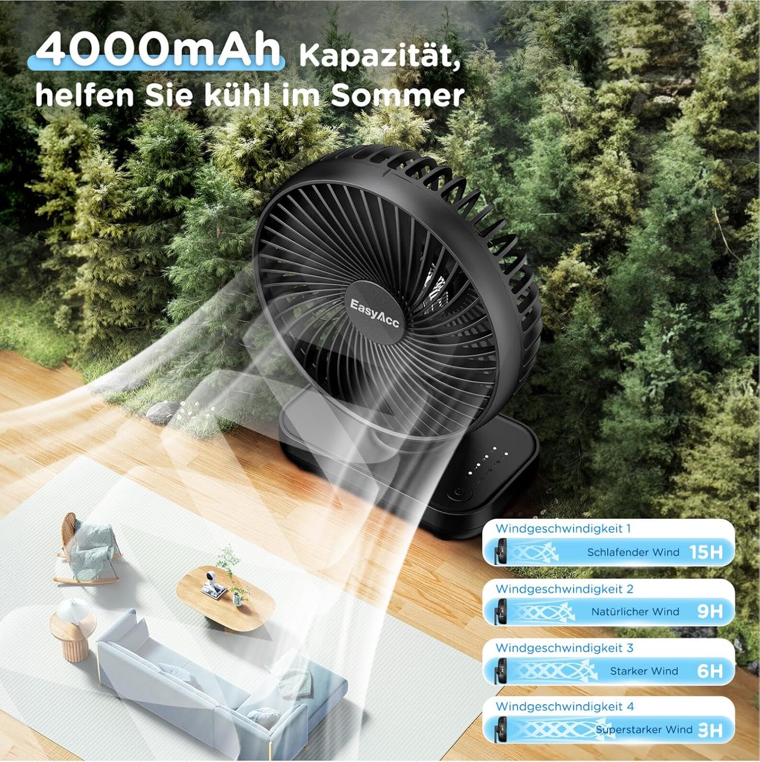 EasyAcc Tischventilator USB Akku 4000 mAh, tragbar, 4 Stufen, schwarz