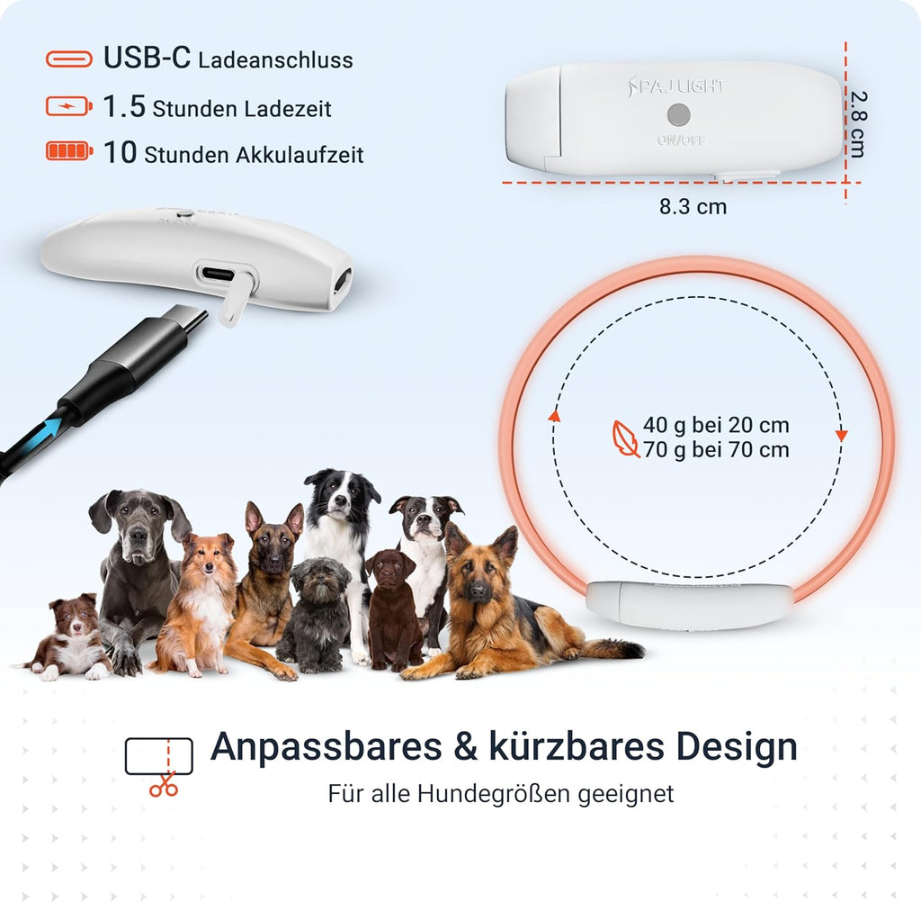 PAJ Light LED Hundehalsband cm verstellbar wasserfest schwarz, 7 Farben