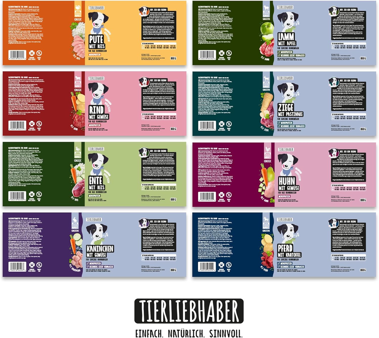 TIERLIEBHABER Hundenassfutter Dose 91% Fleischanteil 8 Sorten Packung
