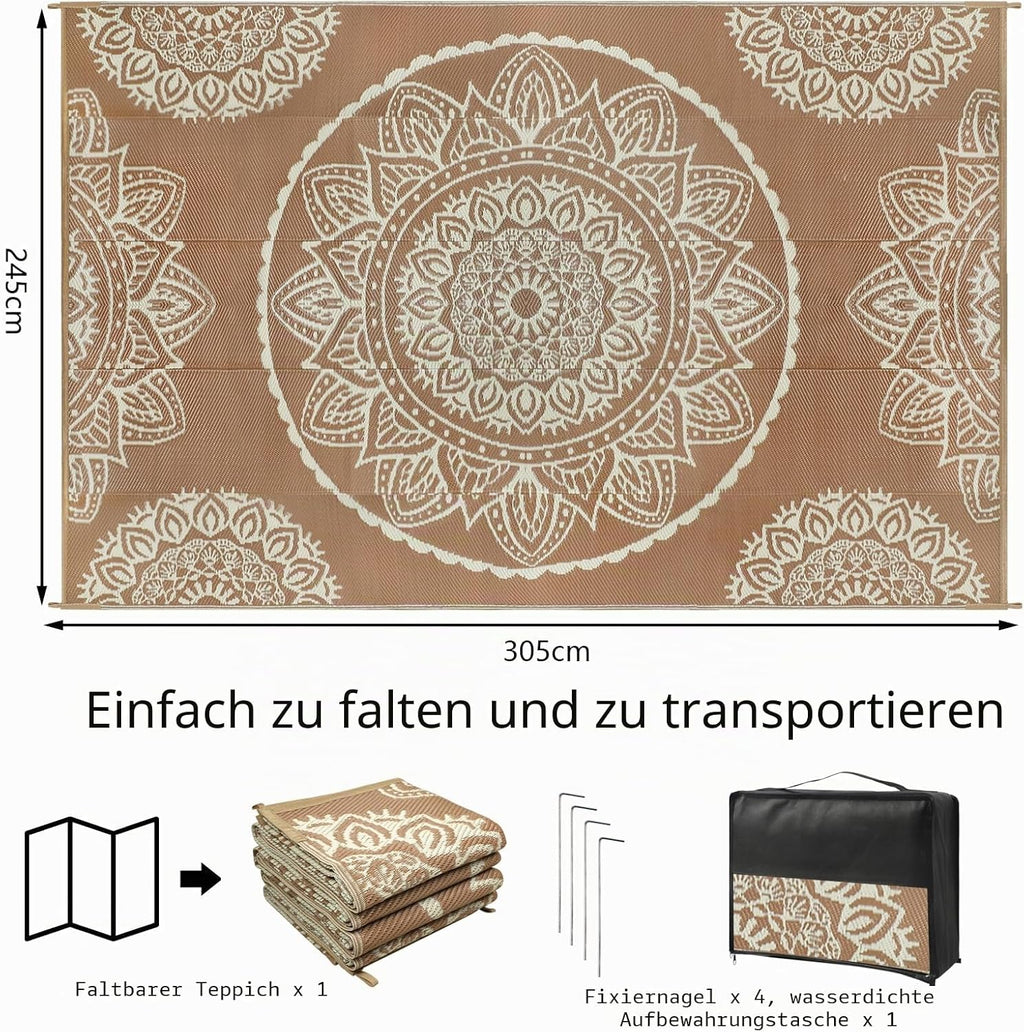 Famibay Outdoor Teppich 180x270 cm wendbar wasserfest beige braun fuer Garten