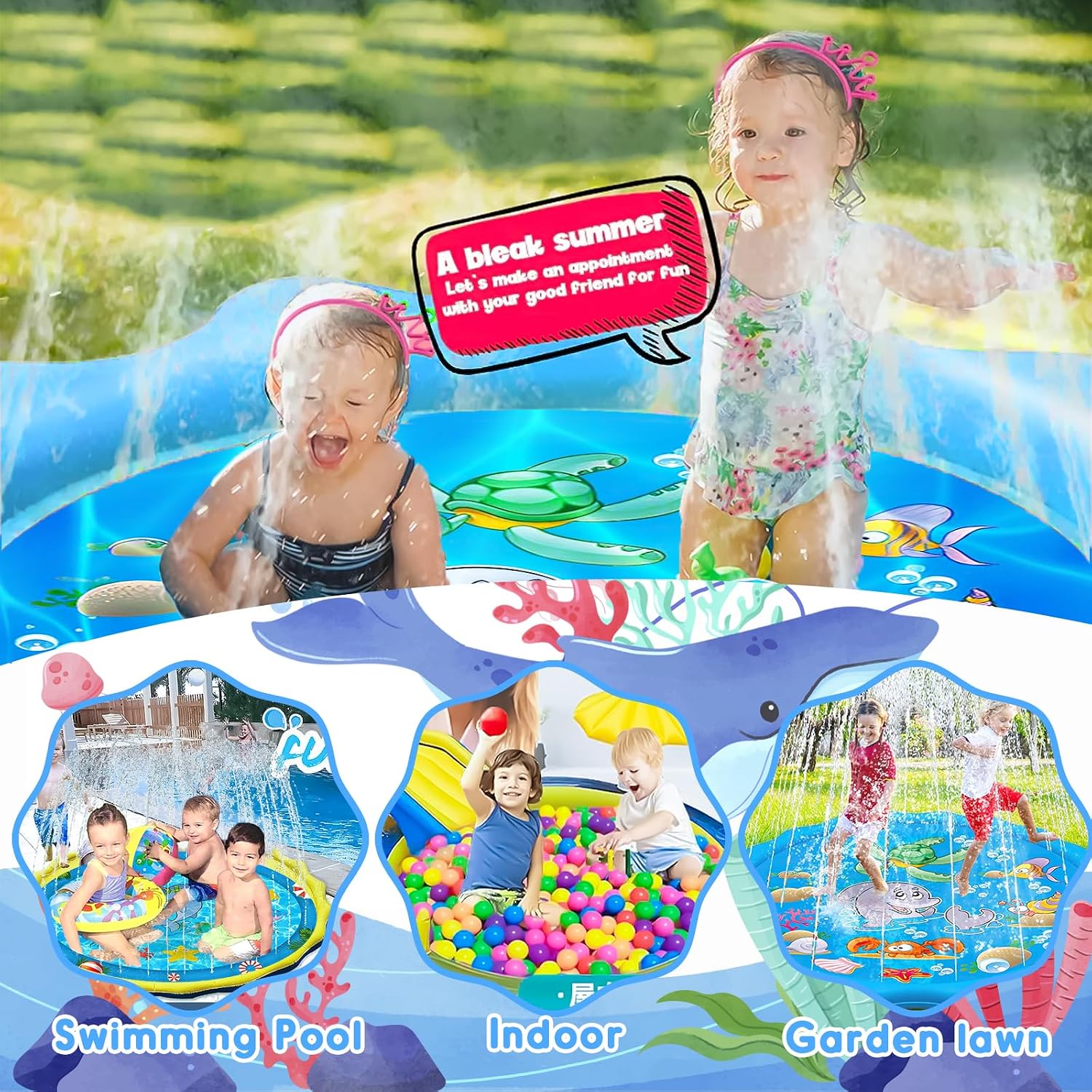 Purpledi 170 cm Splash Pad Sprinkler Wasserspielmatte Kinder Anti-Rutsch