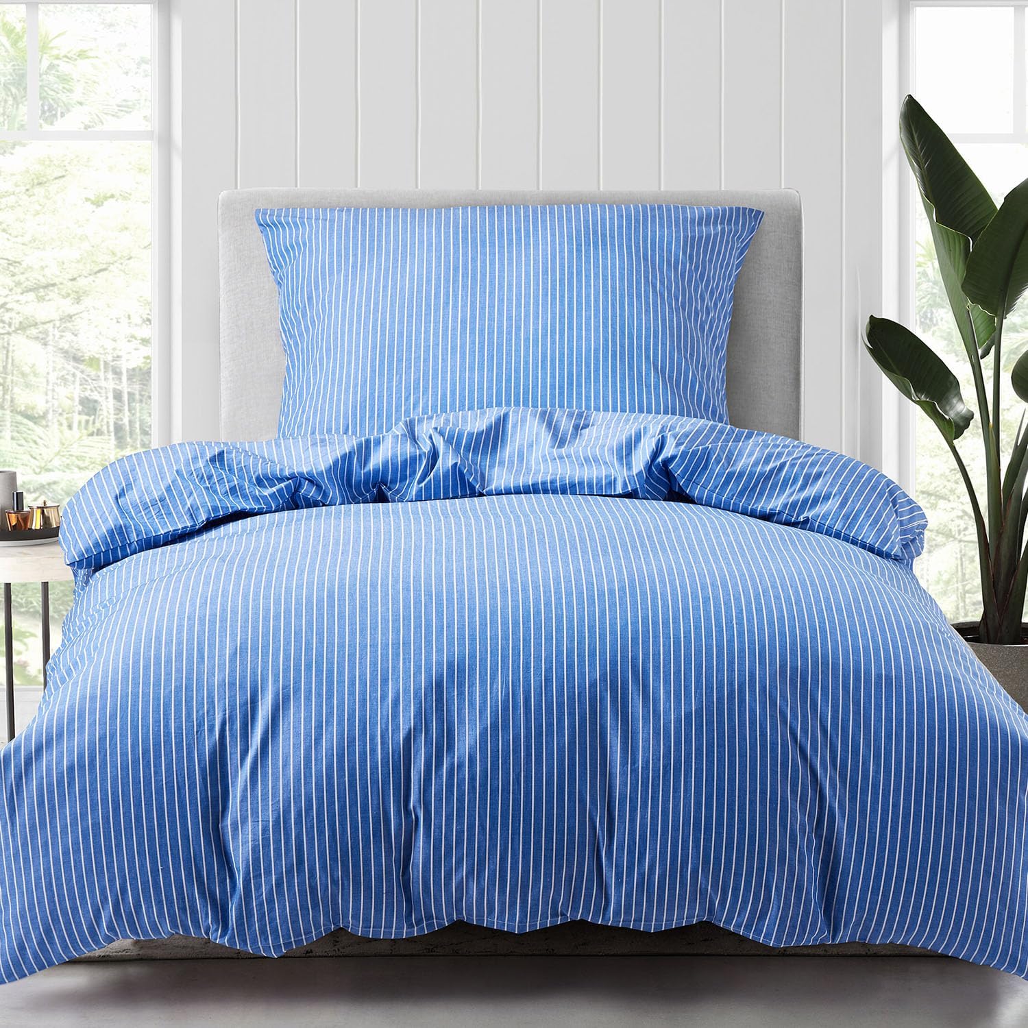 Bettwaesche 135x200 2-teilig Baumwolle Streifen Blau Oeko‑Tex Reissverschluss