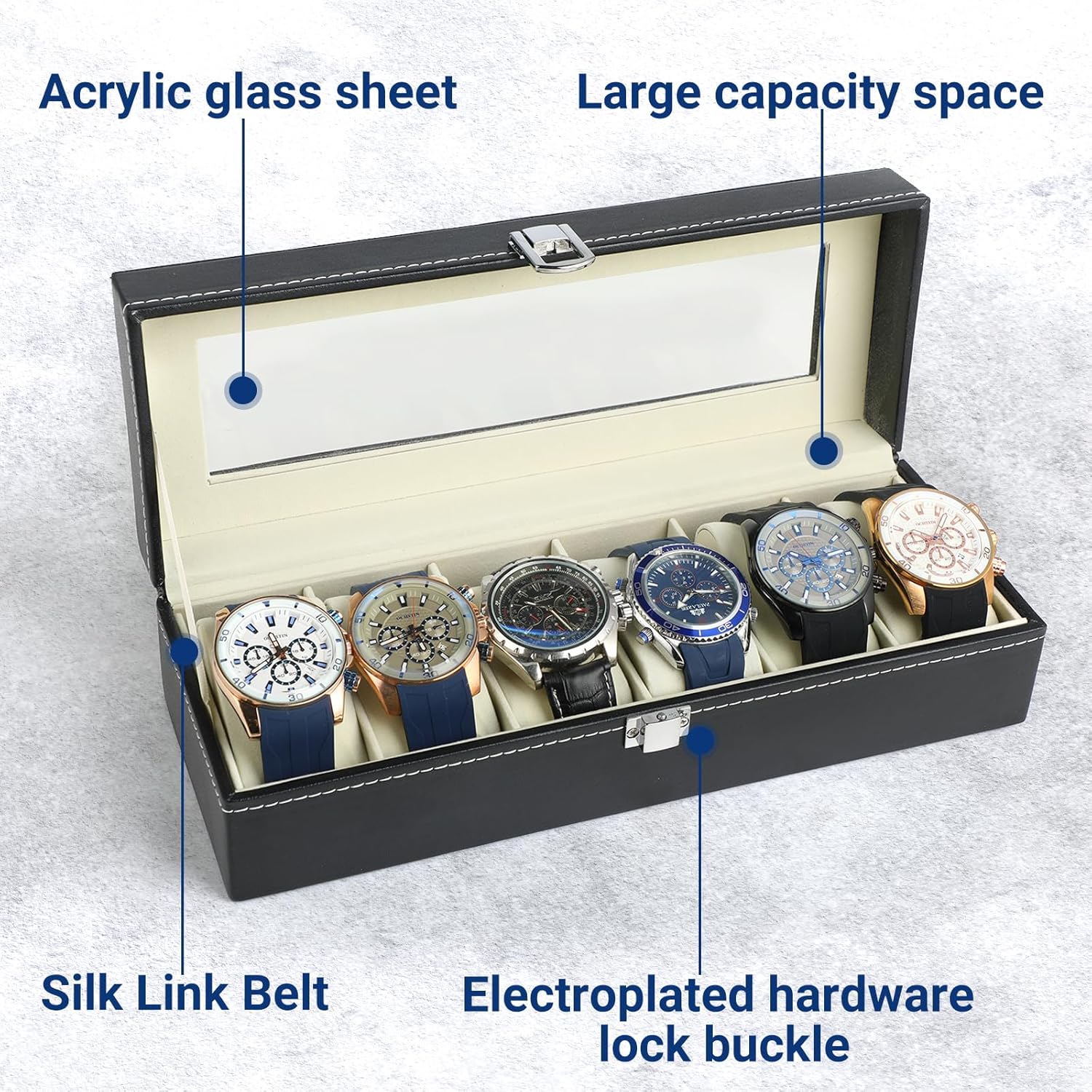 Uhrenbox 6 Faecher mit Glasdeckel und abnehmbaren Kissen Uhrenkasten