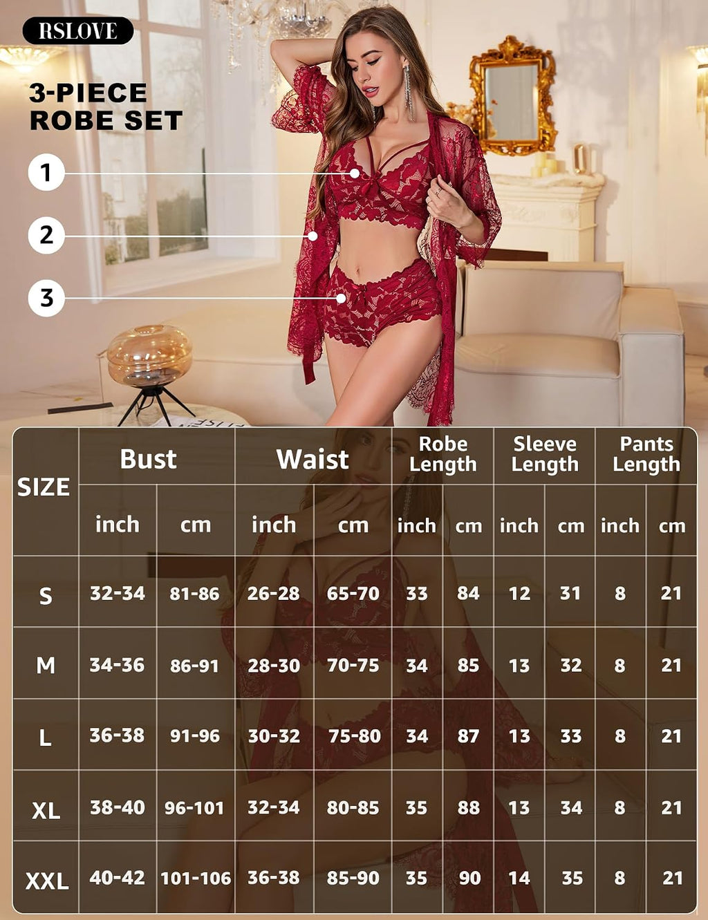 Damen Nachtwaesche Set Spitze Sexy Unterwaesche mit Morgenmantel S-XL