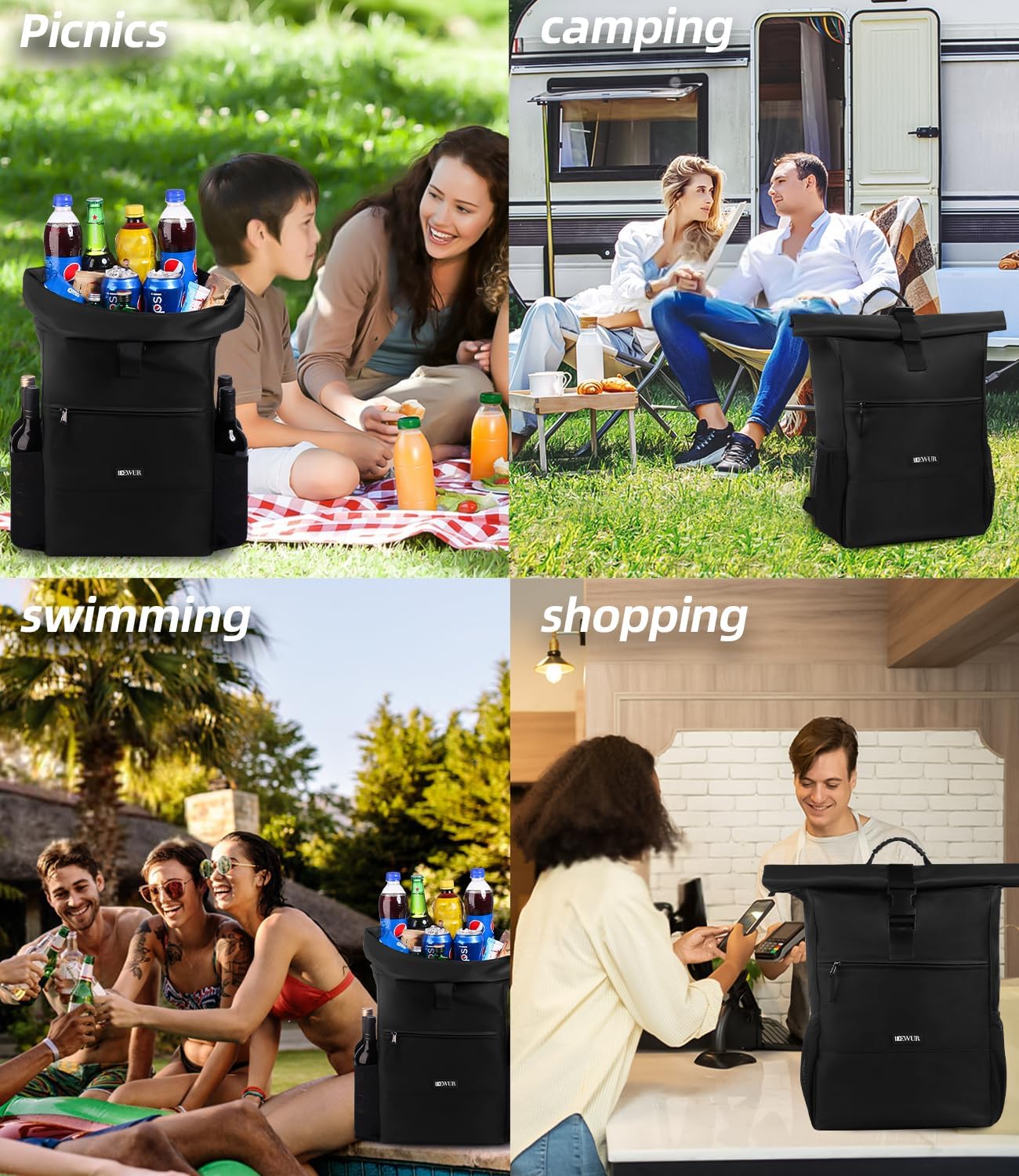 DEWUR Thermo Rucksack Kuehlrucksack wasserdicht mit Flaschenoeffner Schwarz