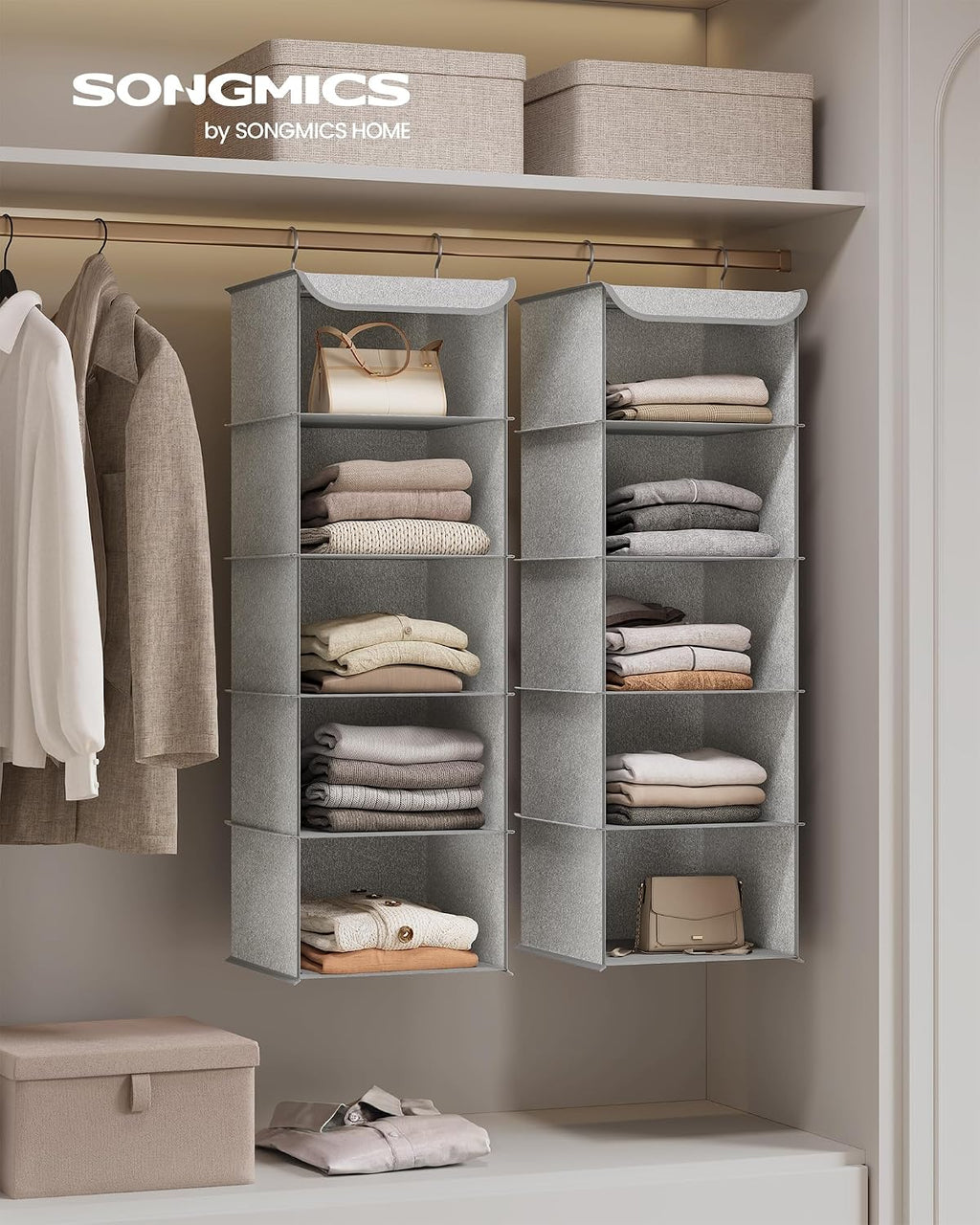 SONGMICS Haengeorganizer 4 Faecher faltbar Kleiderschrank Regal Hellgrau