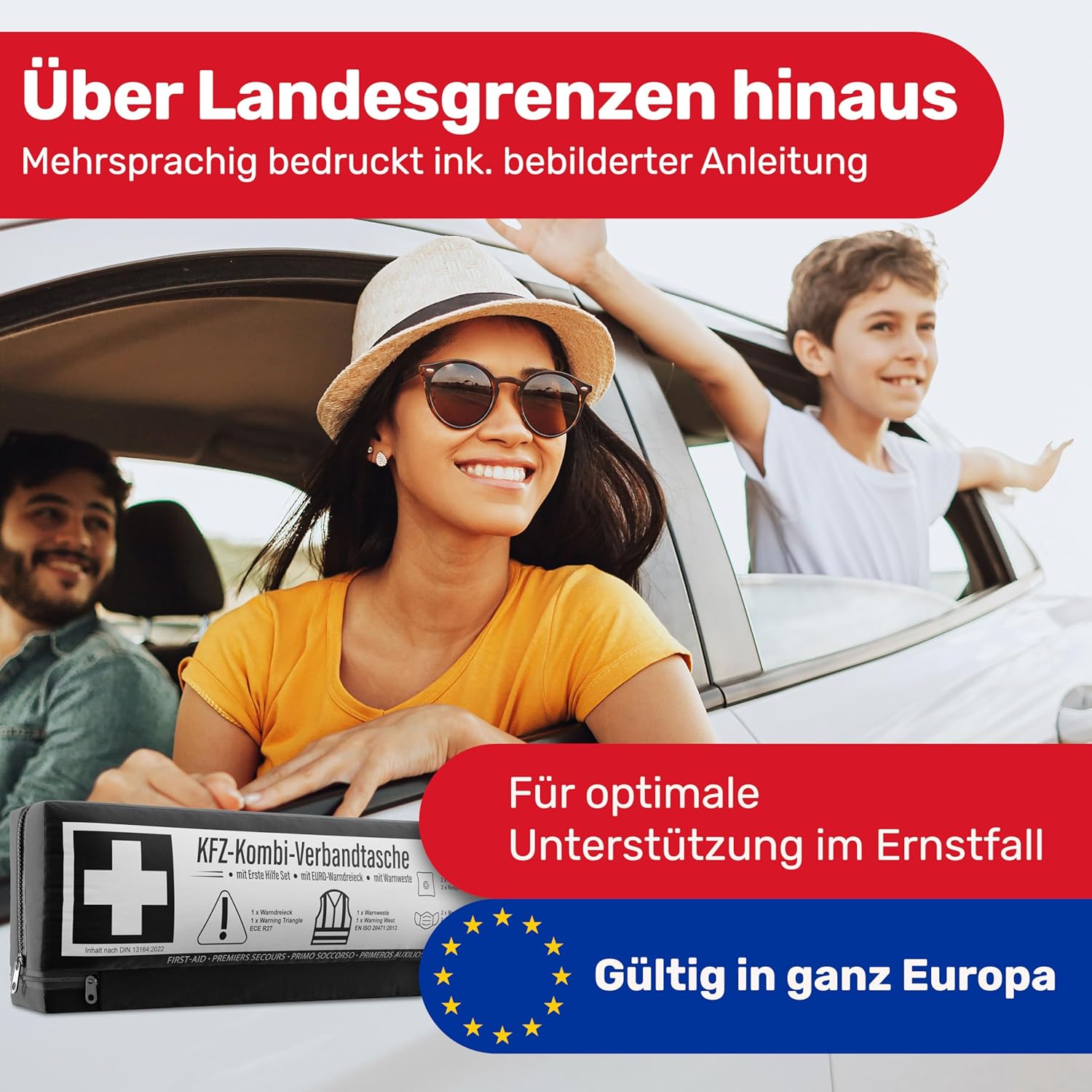 KFZ Kombitasche 3in1 Verbandskasten Warndreieck Warnweste DIN 13164:2022