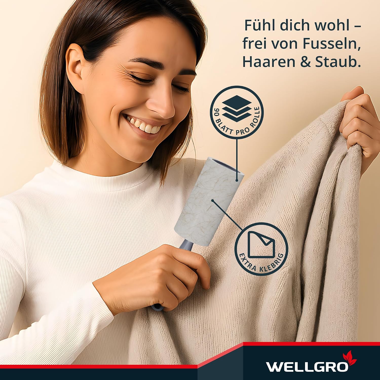 WELLGRO Fusselroller 6 Rollen 540 Blatt + 2 Abroller Kleidung Tierhaarentferner