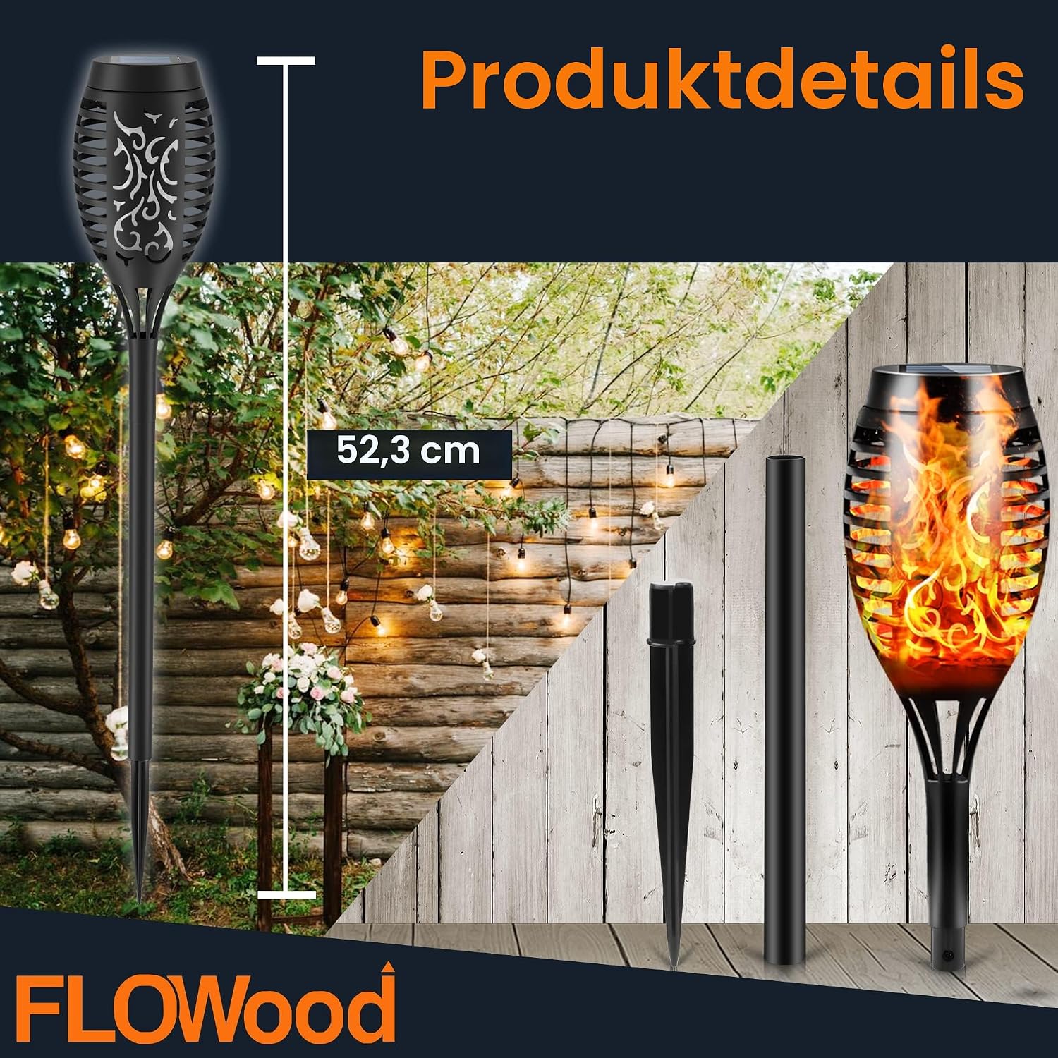 FLOWood 6er Solar Fackeln Garten LED Solarlampe IP65 wasserdicht Wegleuchte