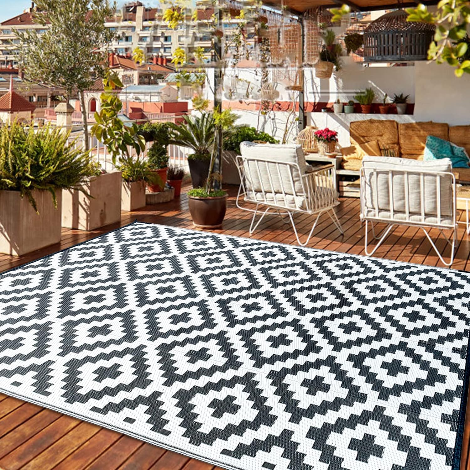 CHOSHOME Outdoor Teppich 120x180 cm Schwarz Wetterfest UV-bestaendig Terrasse