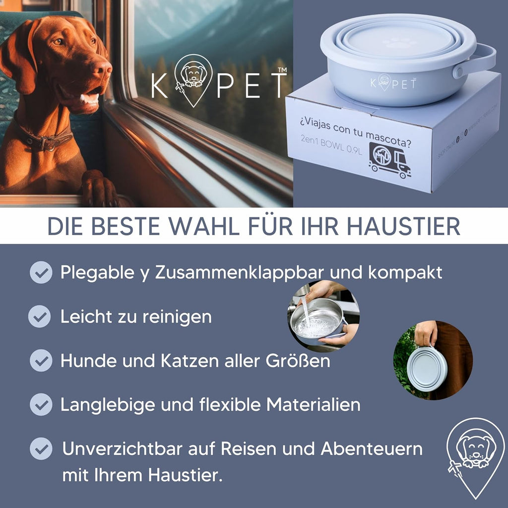 KPET 2‑in‑1 faltbarer Hundenapf Trink- und Futternapf 900 ml Silikon