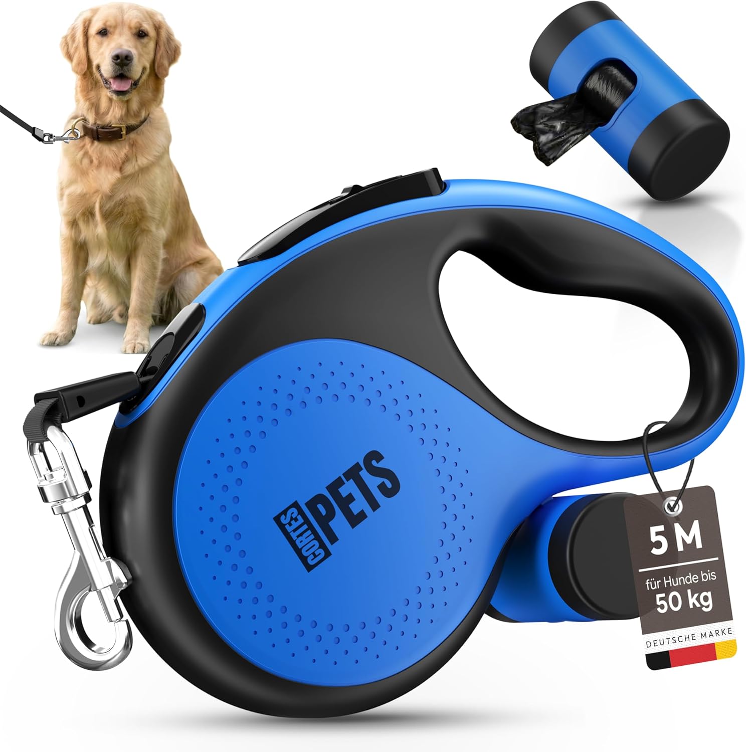 CORTESPETS Rollleine 5m fuer Hunde bis mit Kotbeutel Weiss