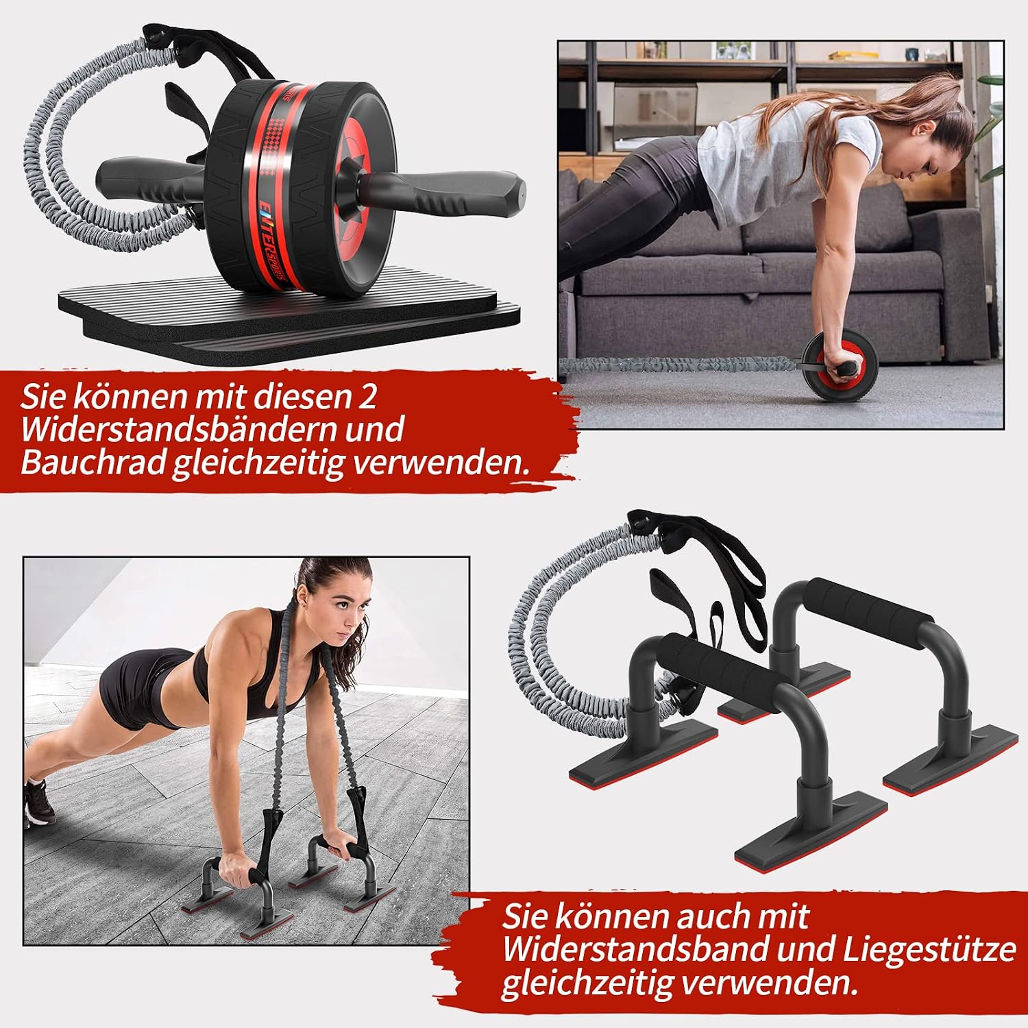 EnterSports Bauchmuskelroller mit zwei Kniematten, Bauchtrainer fuer Zuhause