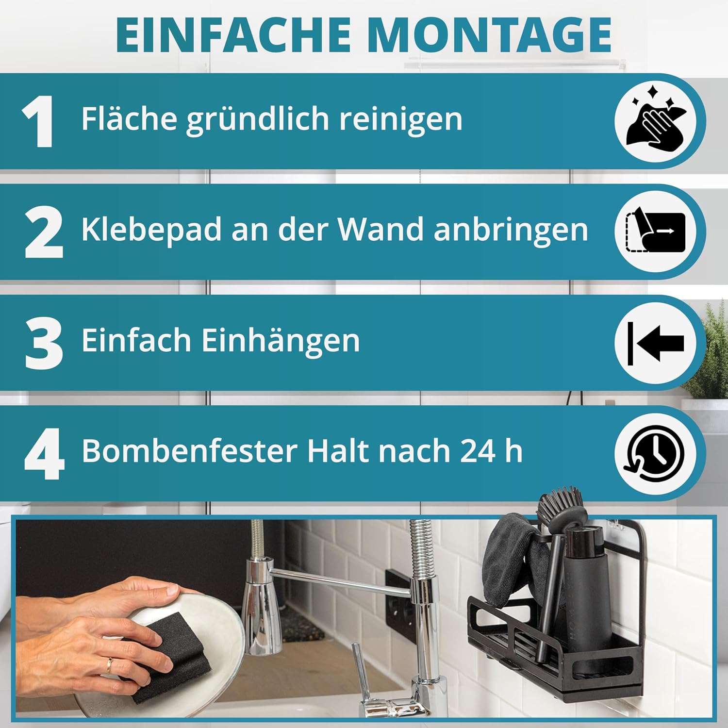 Spuelbecken Organizer Set Edelstahl mit Buerste und Schwammablage, schwarz