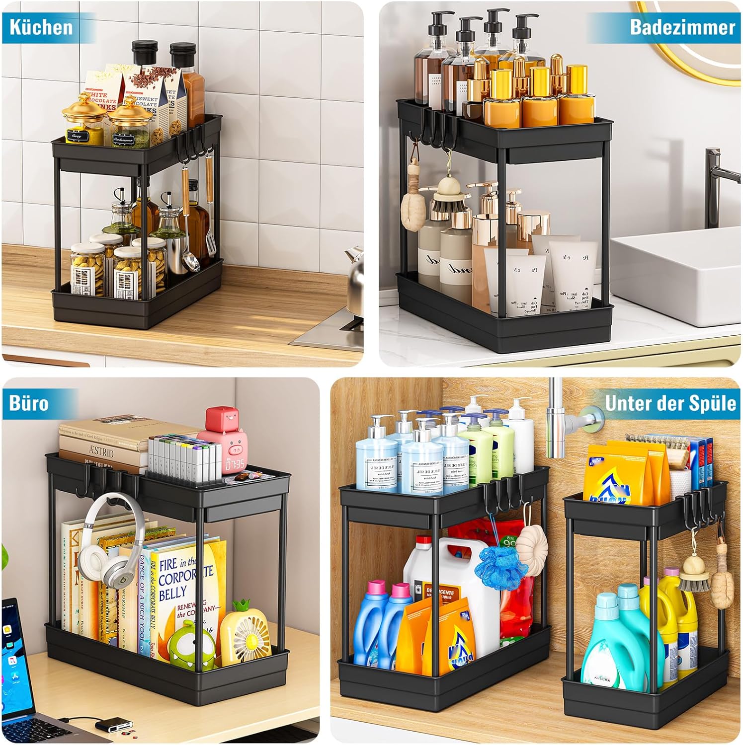Unter-Waschbecken Organizer 2er Set Regal mit Haken fuer Kueche Bad