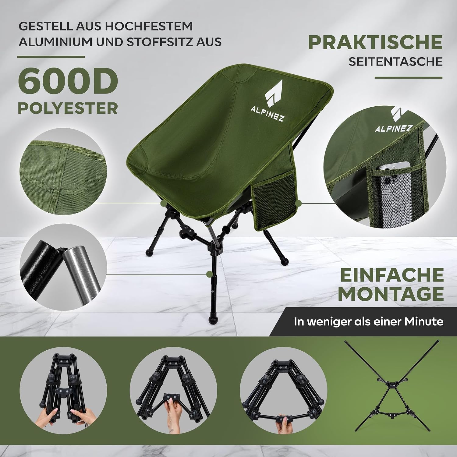 faltbarer Campingstuhl ultraleicht hoehenverstellbar klein zusammenklappbar