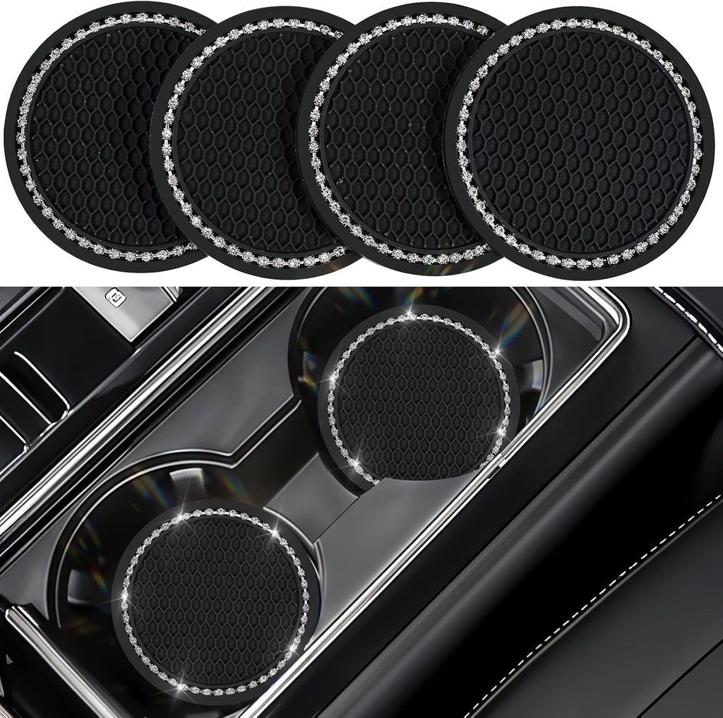 4er Set Glitzer Getraenkehalter Untersetzer Auto 7 cm Schwarz Innenraum