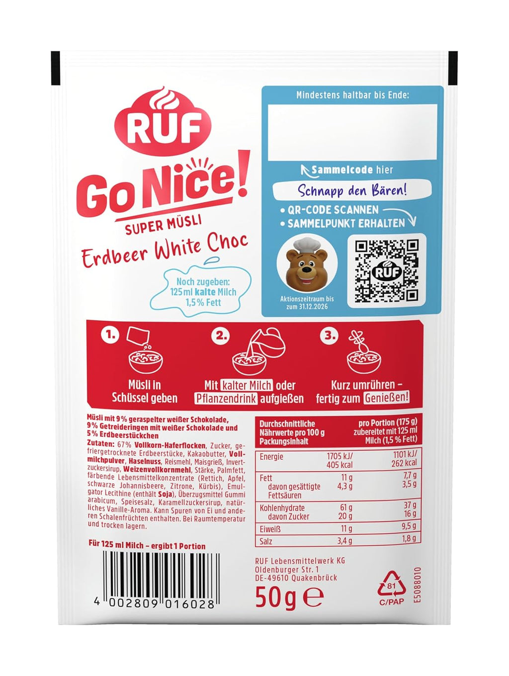 RUF Gonice Erdbeere White Choc Muesli Haferflocken