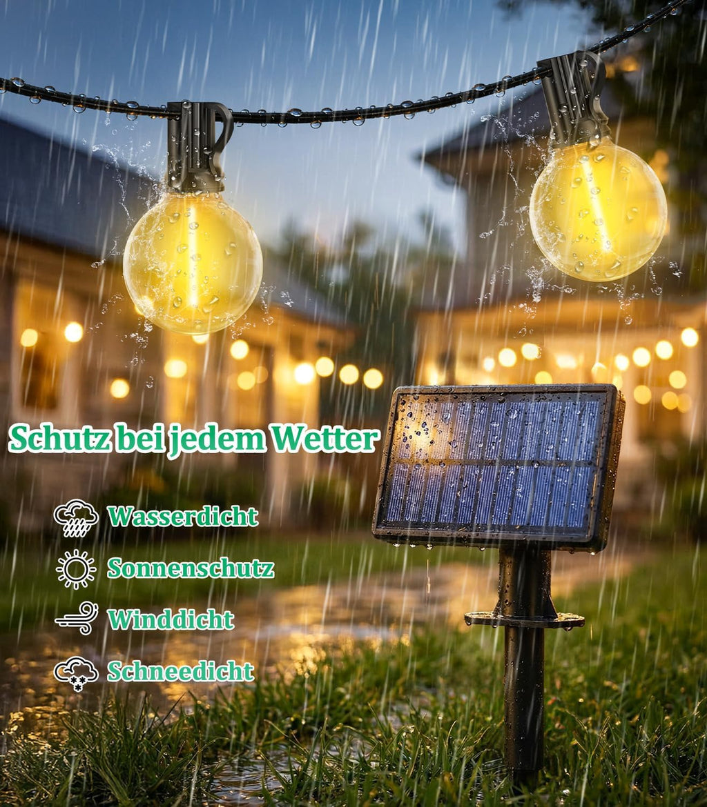Solar Lichterkette 15m G40 Gluehbirnen 50 LED IP44 wetterfest 3 Modi 15m-30m