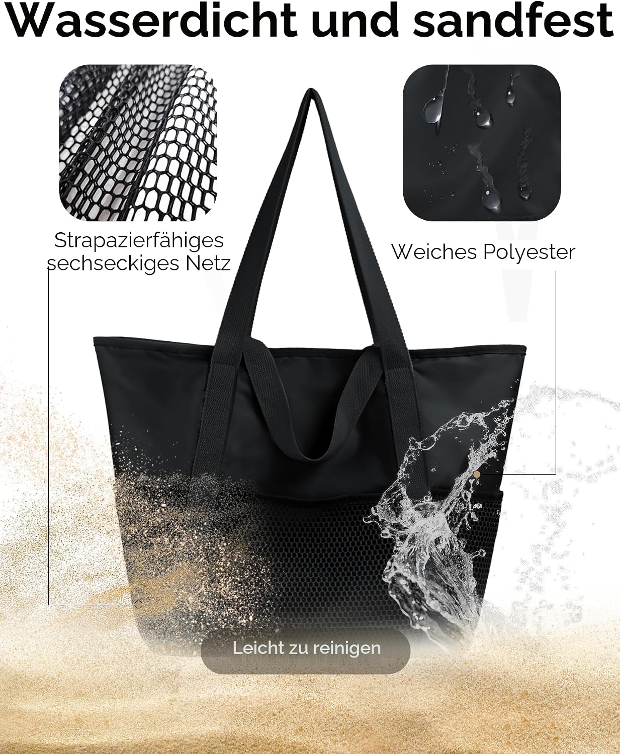 HOMESPON Strandtasche gross mit Reissverschluss, wasserabweisend, Netzfach