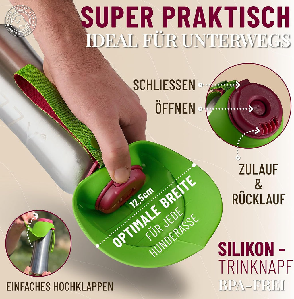 GIZZY Trinkflasche fuer Hunde Edelstahl auslaufsicher mit Handtuch