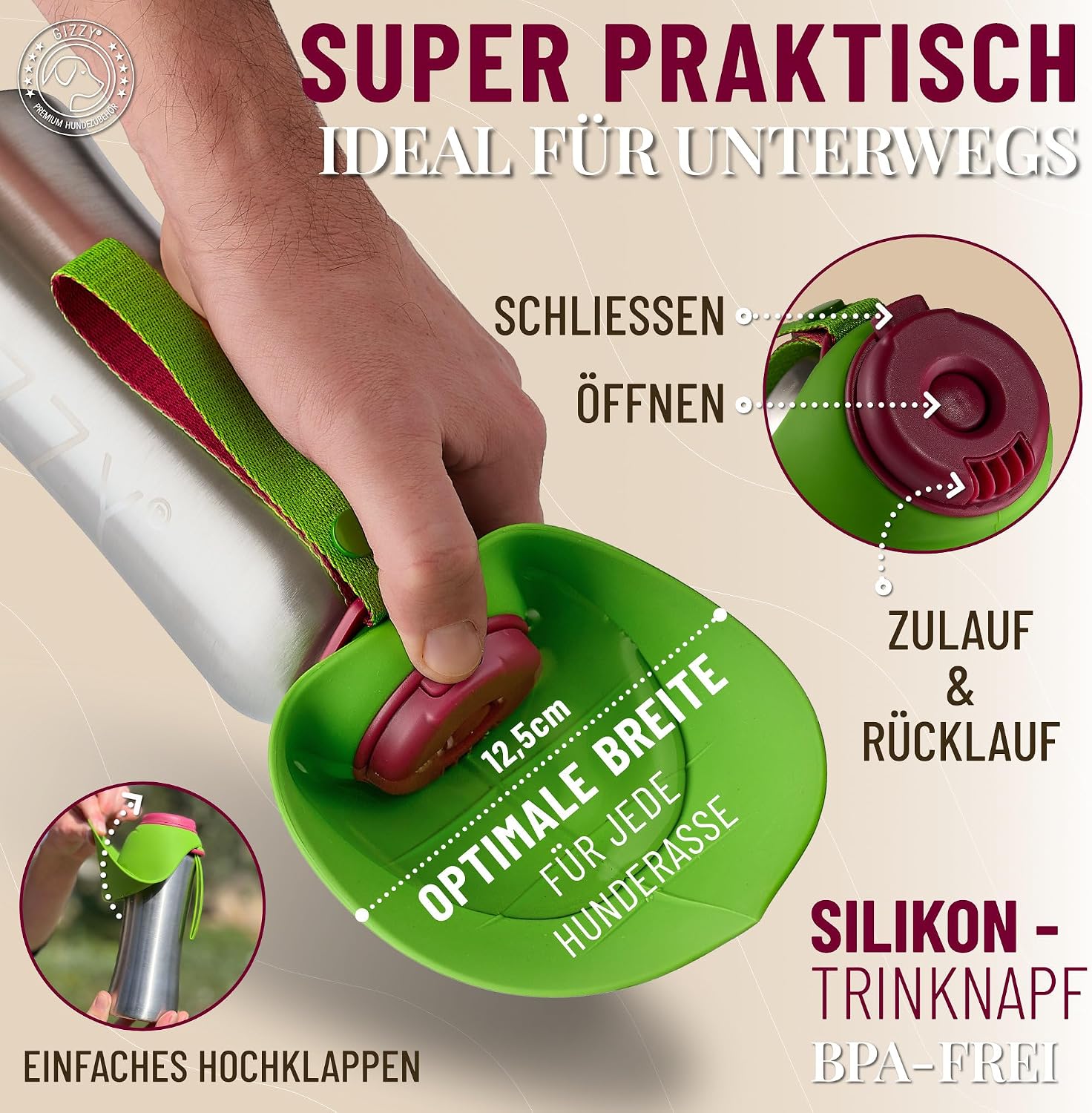 GIZZY Trinkflasche fuer Hunde Edelstahl auslaufsicher mit Handtuch