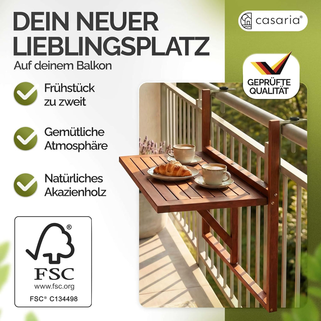Casaria Balkontisch klappbar Akazie 65x45 cm fuer Gelaender bis 40 kg, wetterfest