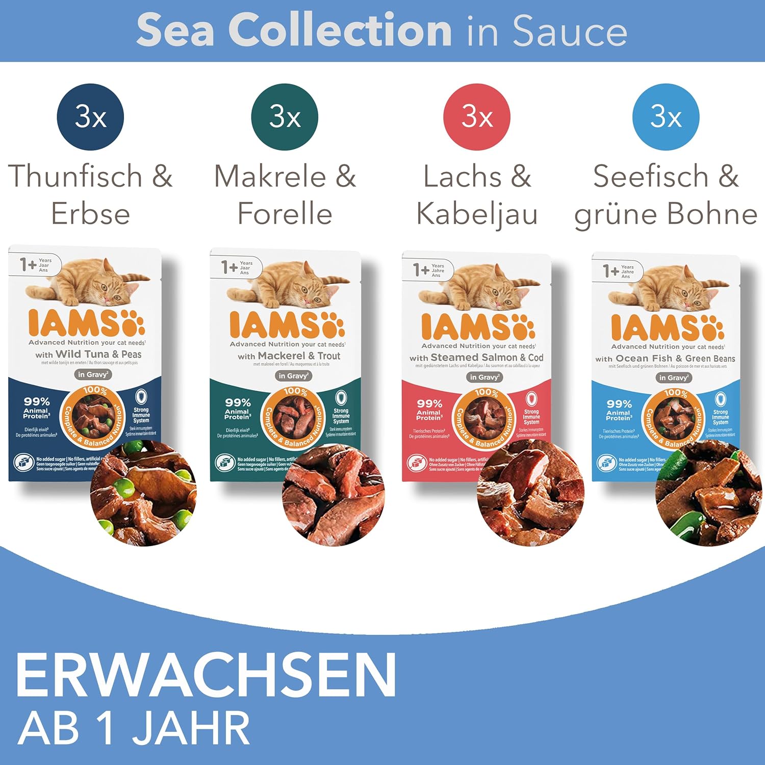 IAMS Delights Katzennassfutter Sea Collection Fisch Mix in Sauce 12×85g