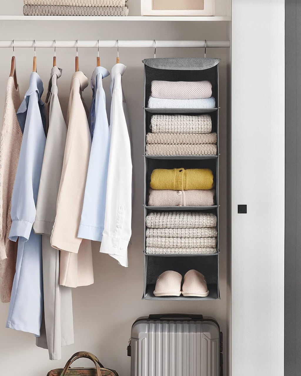 SONGMICS Haengeorganizer 4 Faecher faltbar Kleiderschrank Regal Hellgrau