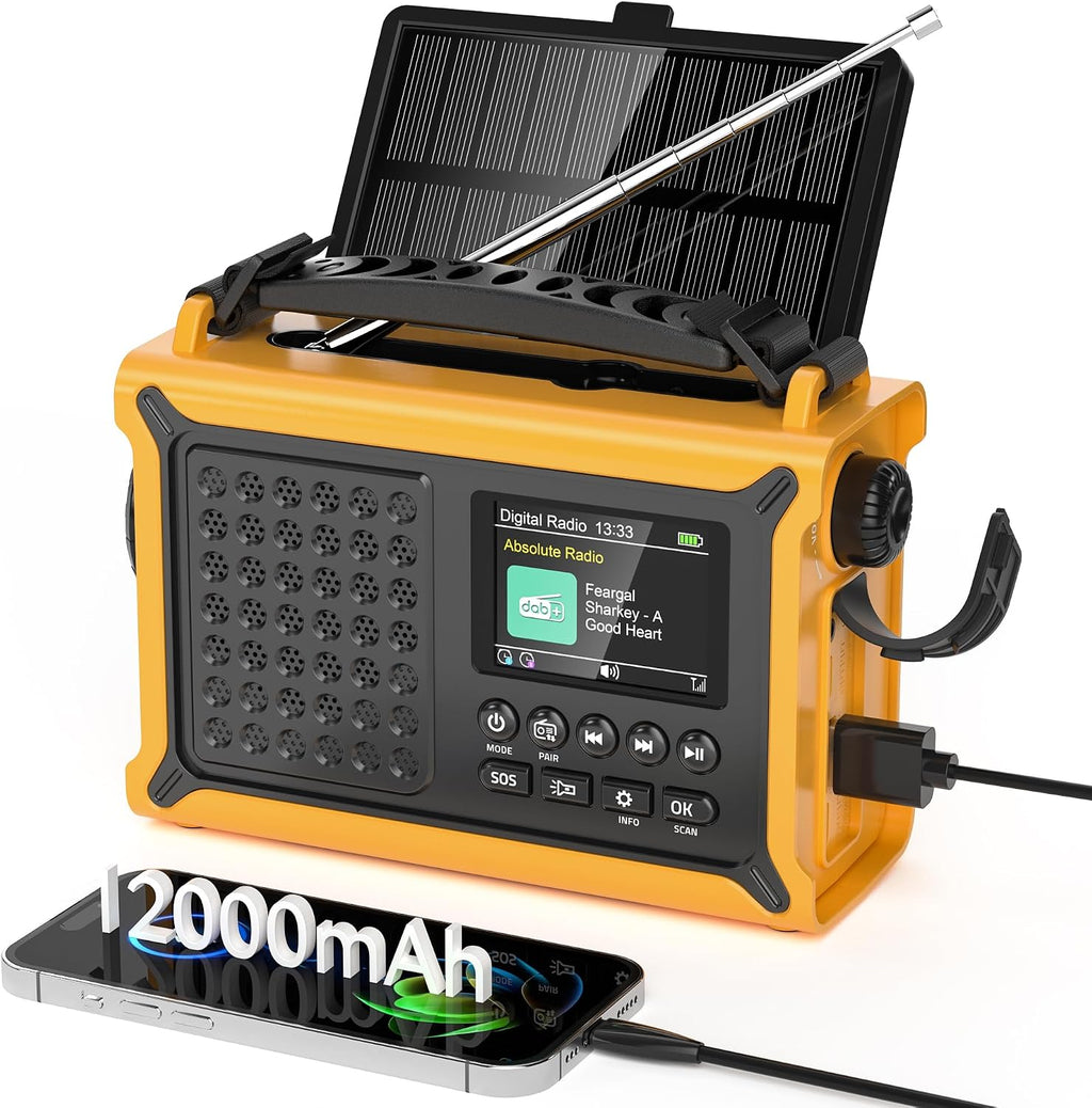 Tragbares Kurbelradio DAB+ UKW mit Solar, 12000mAh Powerbank, Bluetooth, SOS, LE