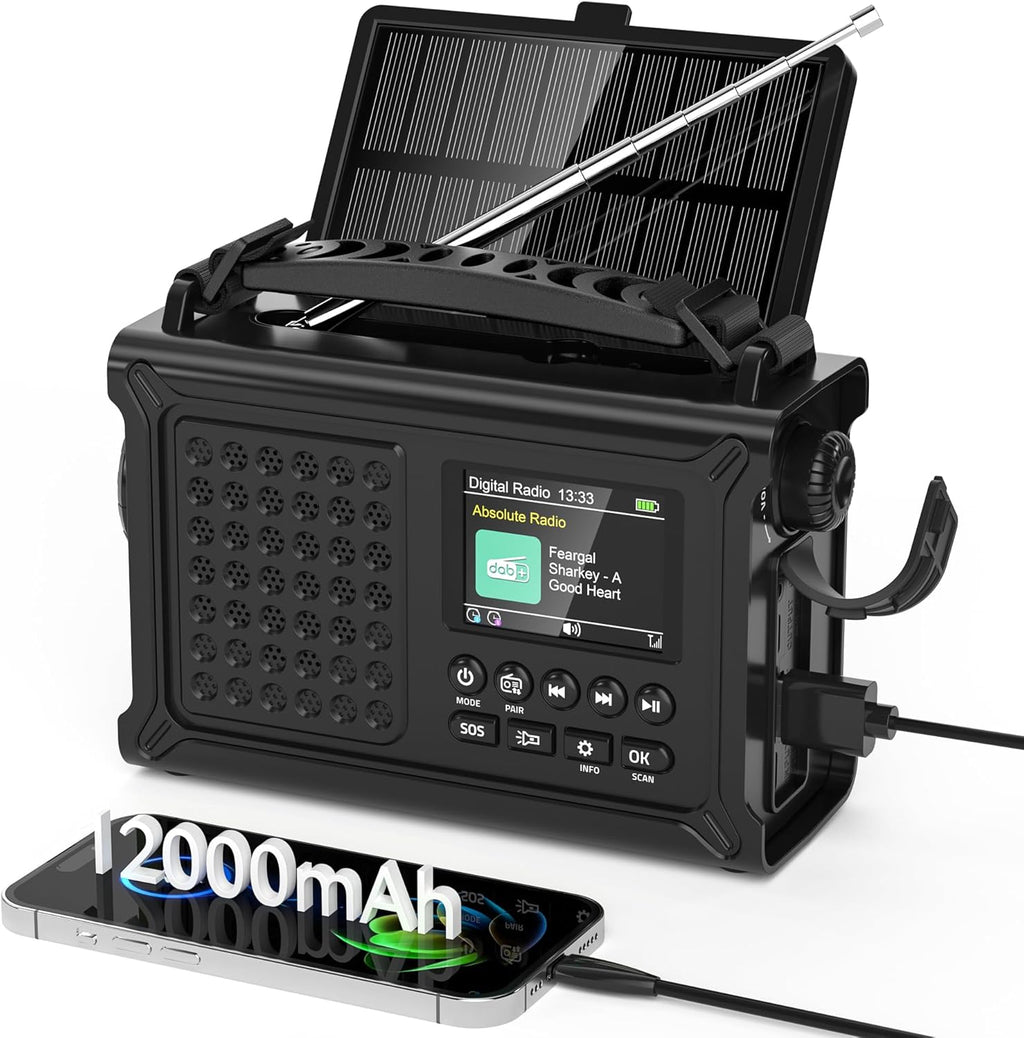 Tragbares Kurbelradio DAB+ UKW mit Solar, 12000mAh Powerbank, Bluetooth, SOS, LE