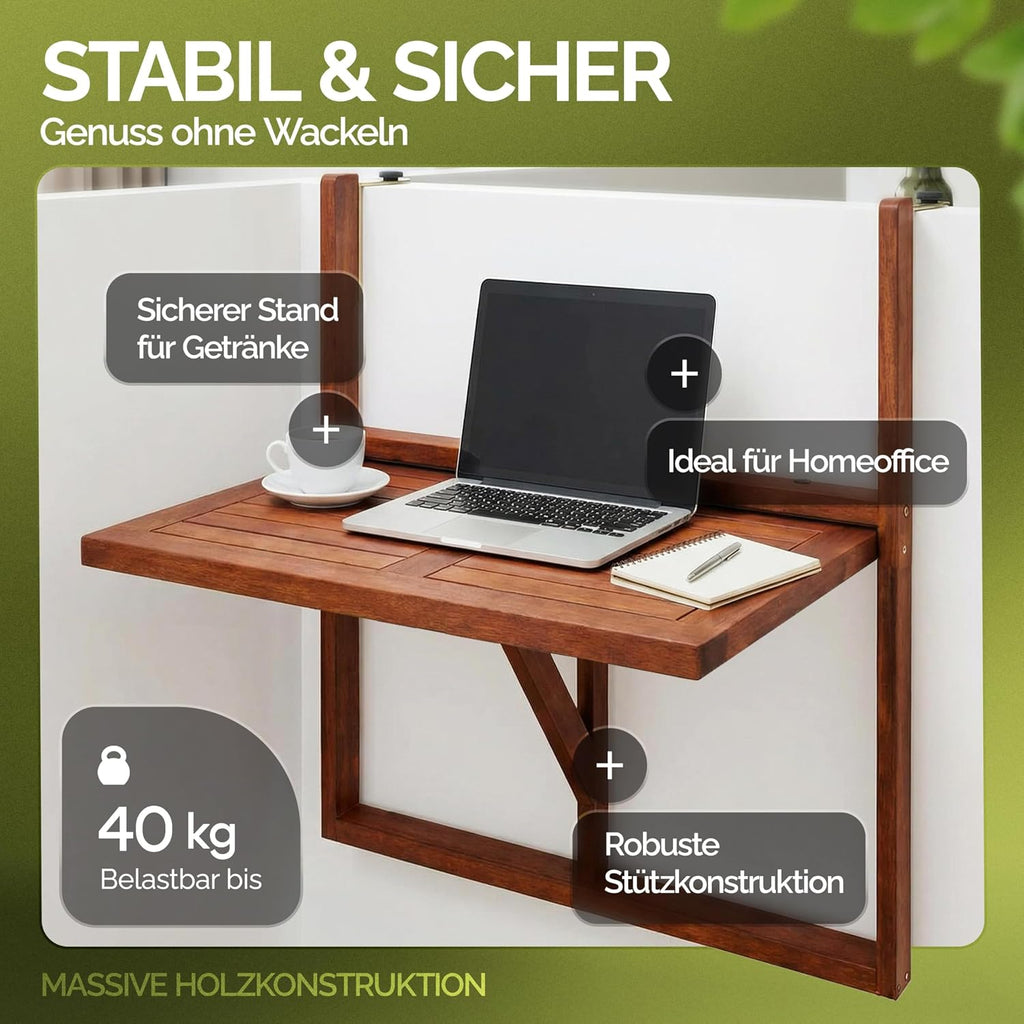 Casaria Balkontisch klappbar Akazie 65x45 cm fuer Gelaender bis 40 kg, wetterfest
