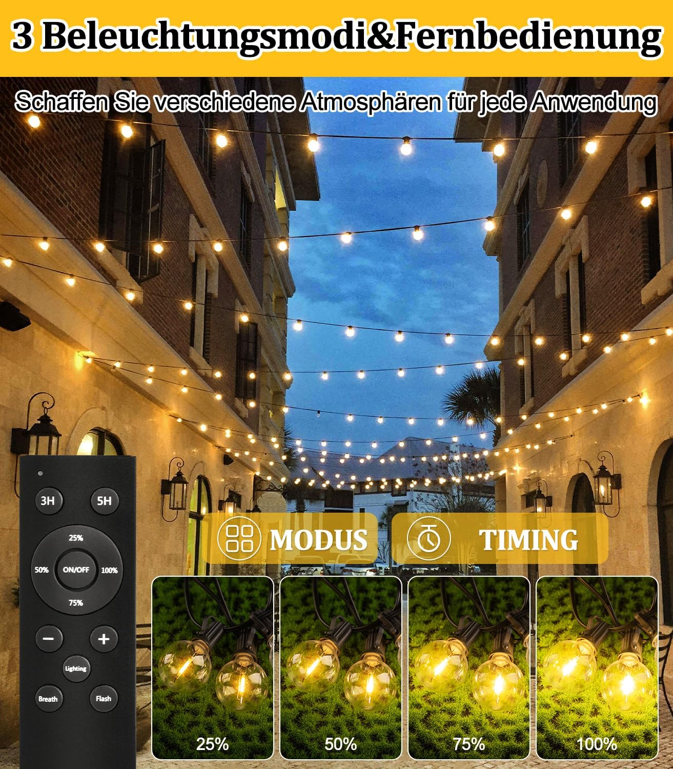 Solar Lichterkette 15m G40 Gluehbirnen 50 LED IP44 wetterfest 3 Modi 15m-30m