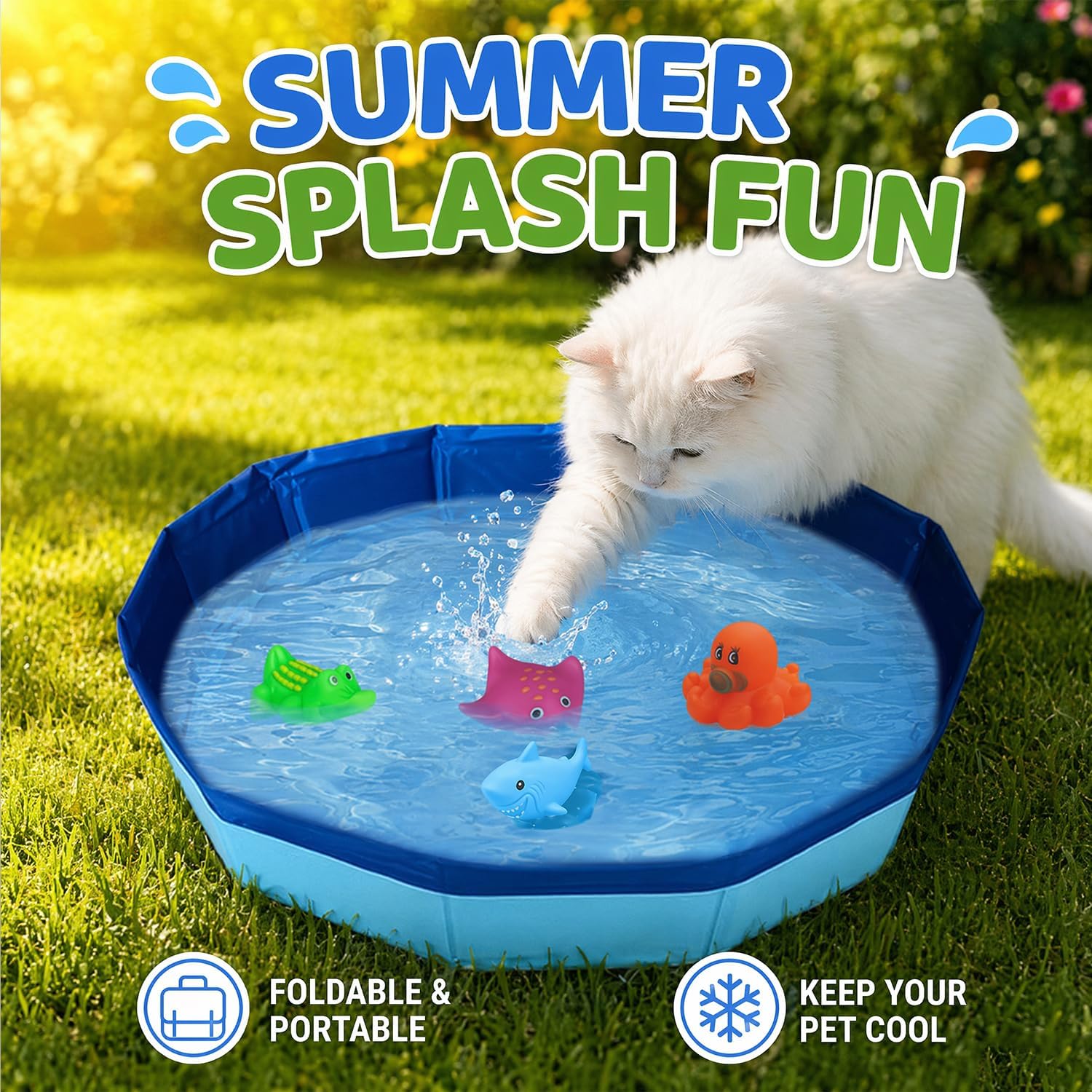 Faltbarer Katzenpool 50×10 cm mit 6 Schwimmspielzeugen, tragbar fuer Hunde