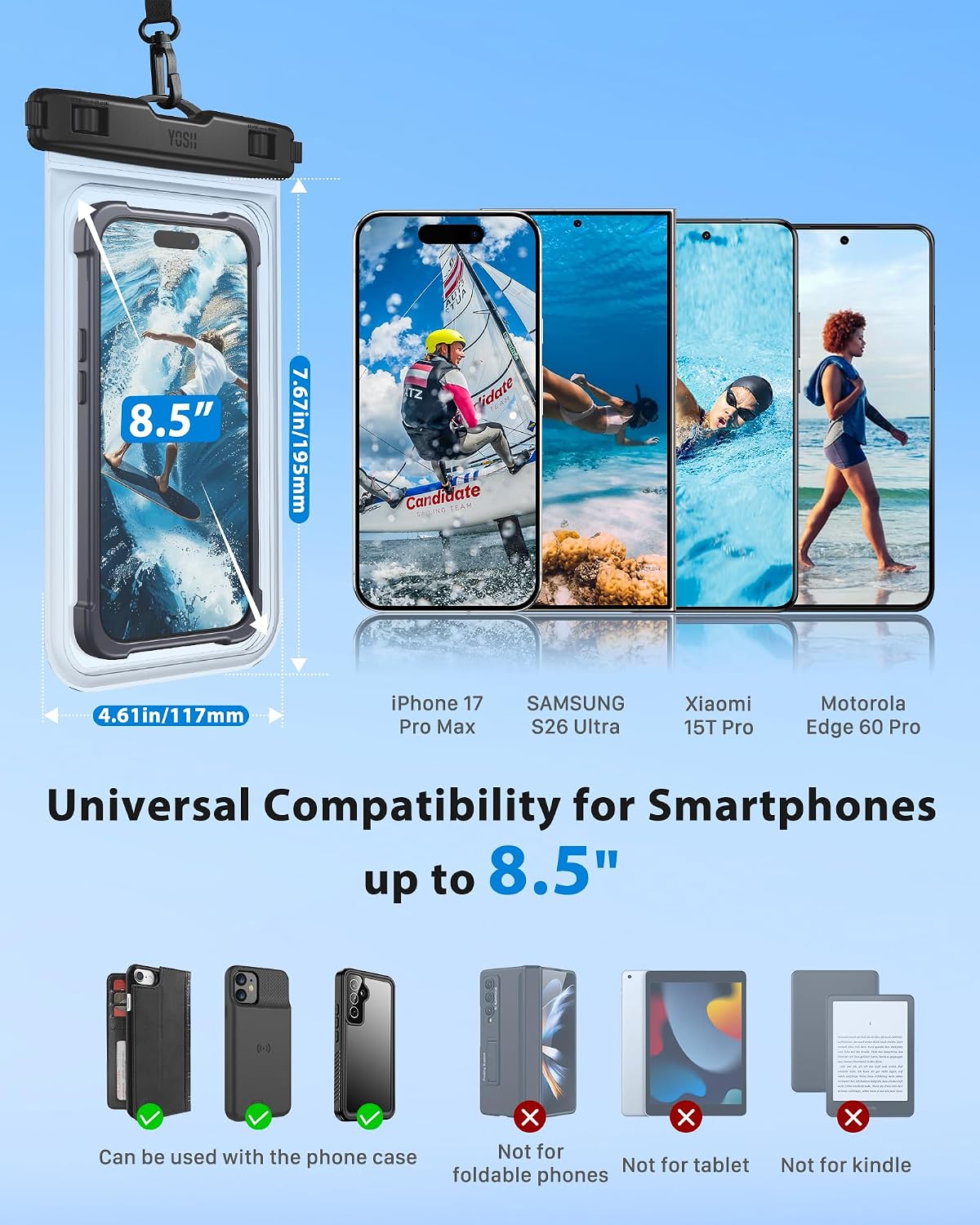 YOSH wasserdichte Handytasche bis 8,5" 2er Set fuer Bootfahren Unterwasser iPhone