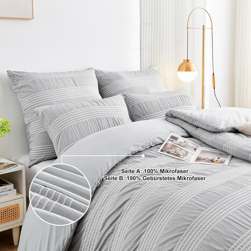 Qucover Bettwaesche 135x200 Seersucker grau weiss gestreift Mikrofaser 200cm-220cm
