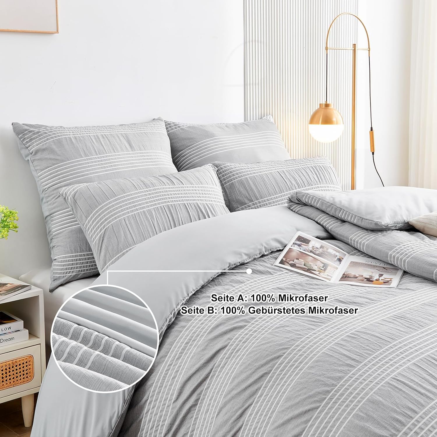 Qucover Bettwaesche 135x200 Seersucker grau weiss gestreift Mikrofaser 200cm-220cm