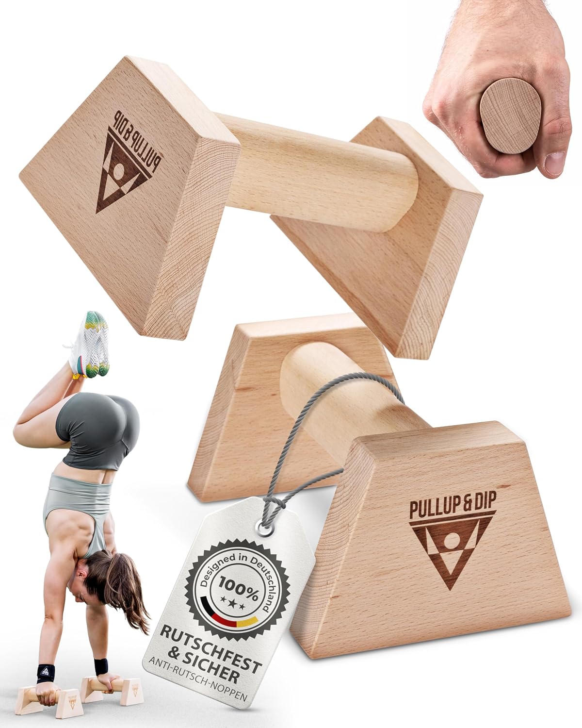 PULLUP & DIP Holz Liegestuetzgriffe mit Handgelenkbandagen rutschfest