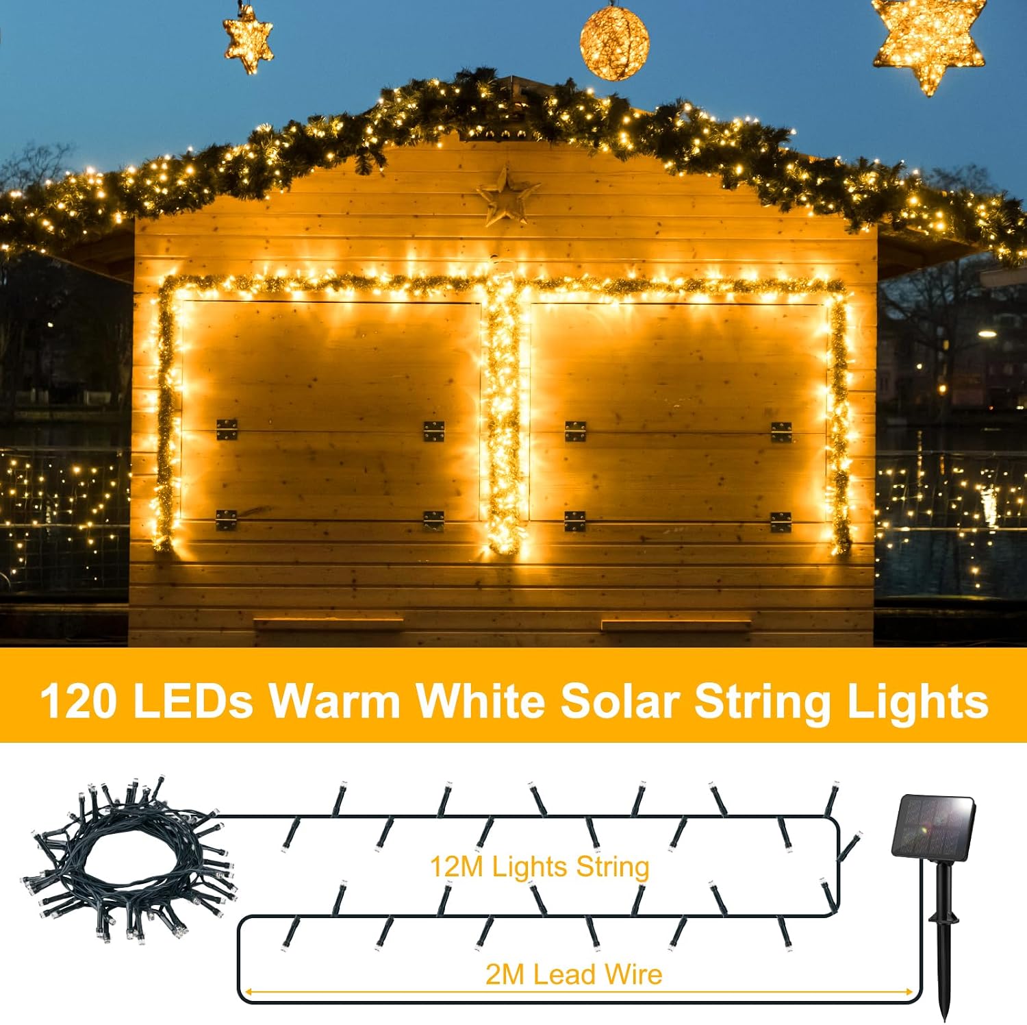 Solar Lichterkette aussen 5m 50 LED warmweiss IP65 8 Modi fuer Garten 5m-12m