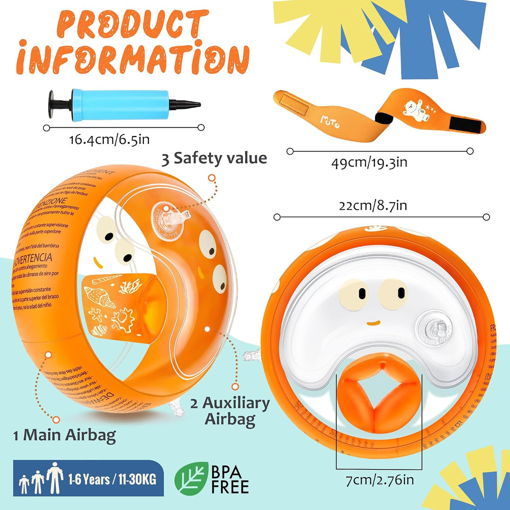 Schwimmfluegel Kinder 1-6 Jahre mit Stirnband, 3 Luftkammern, transparent