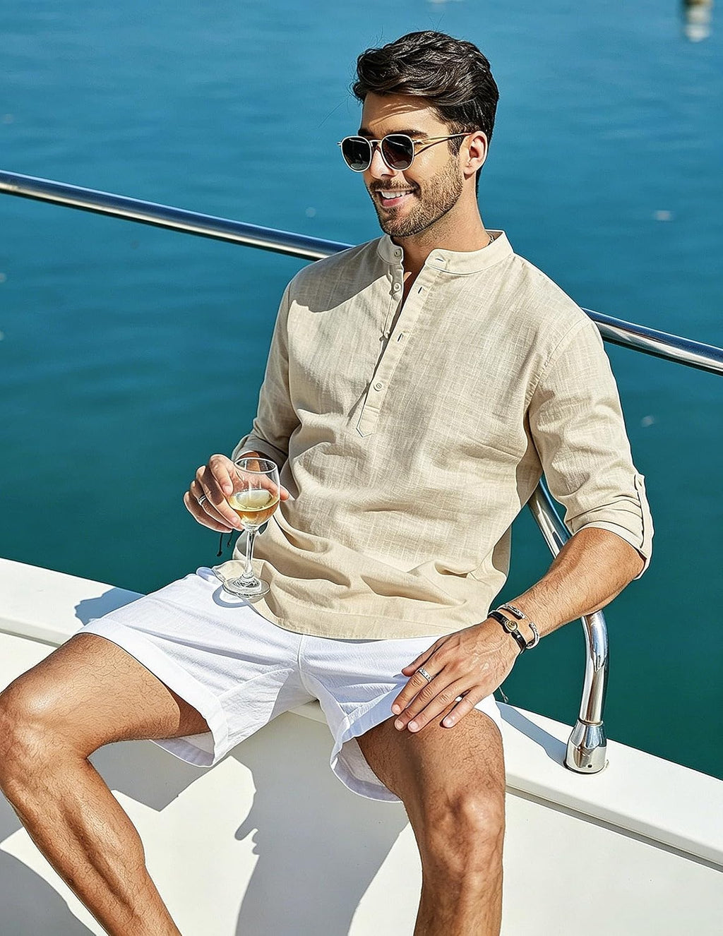 Cegerne Herren Leinenhemd Langarm Henley Sommerhemd Freizeit Strand S-3XL