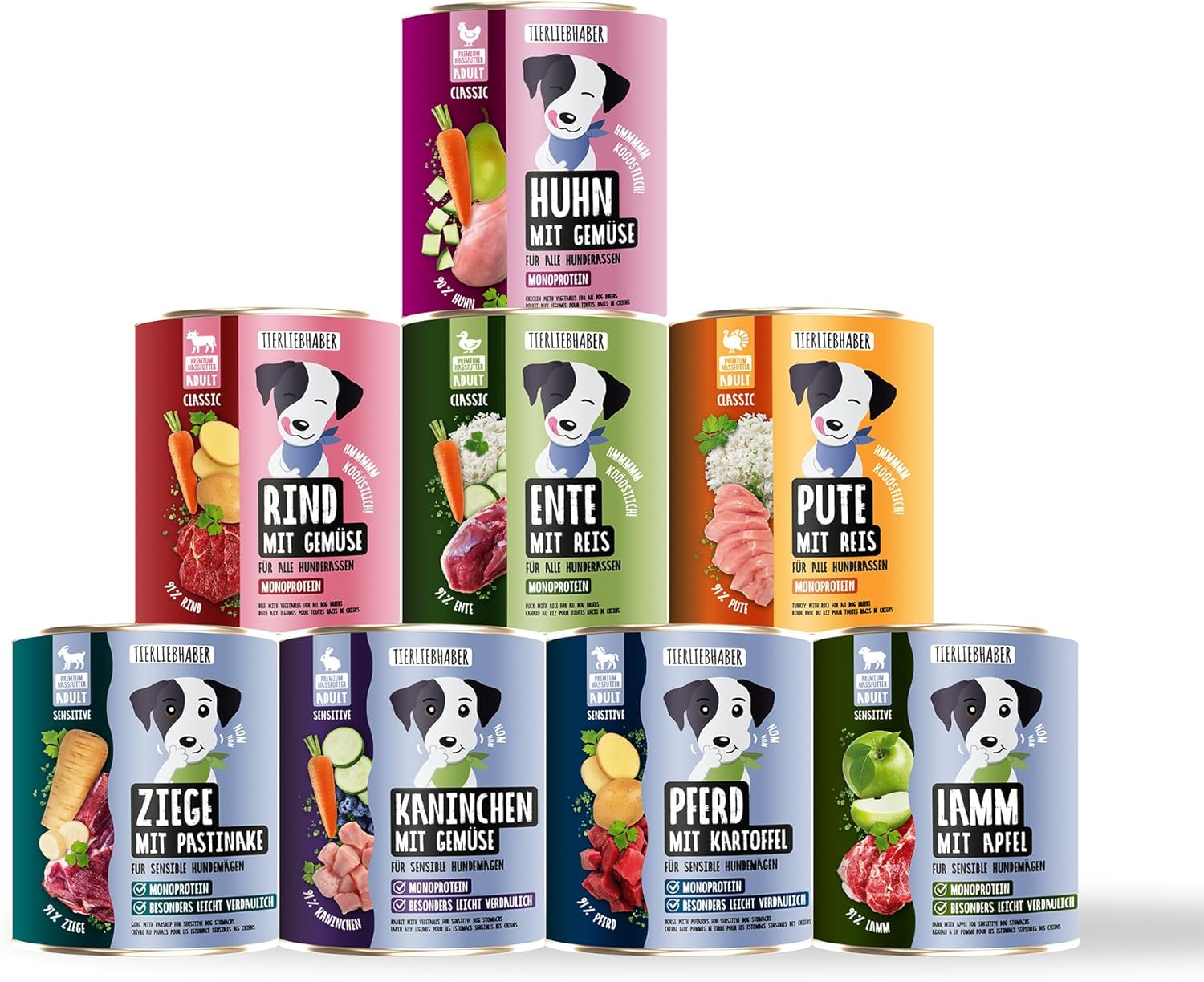 TIERLIEBHABER Hundenassfutter Dose 91% Fleischanteil 8 Sorten Packung
