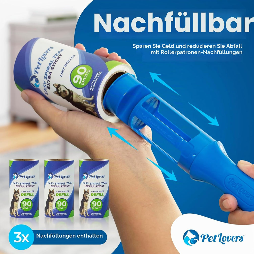 PetLovers Fusselrolle 450 Blatt extra klebrig fuer Tierhaare auf Kleidung und Moebeln