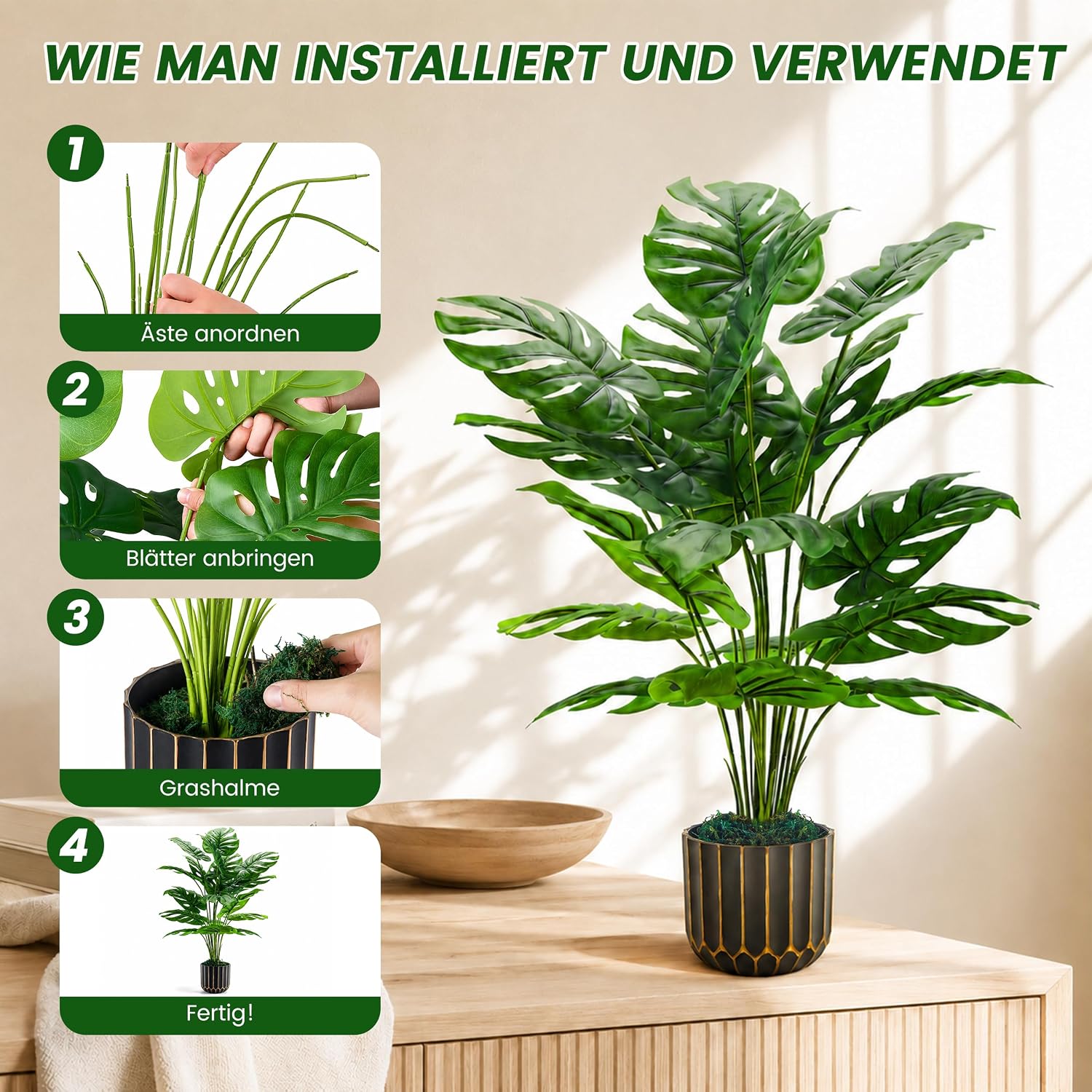 Kuenstliche Rose 71 cm, realistische Kunstpflanze fuer Wohnzimmer, Bad, Balkon