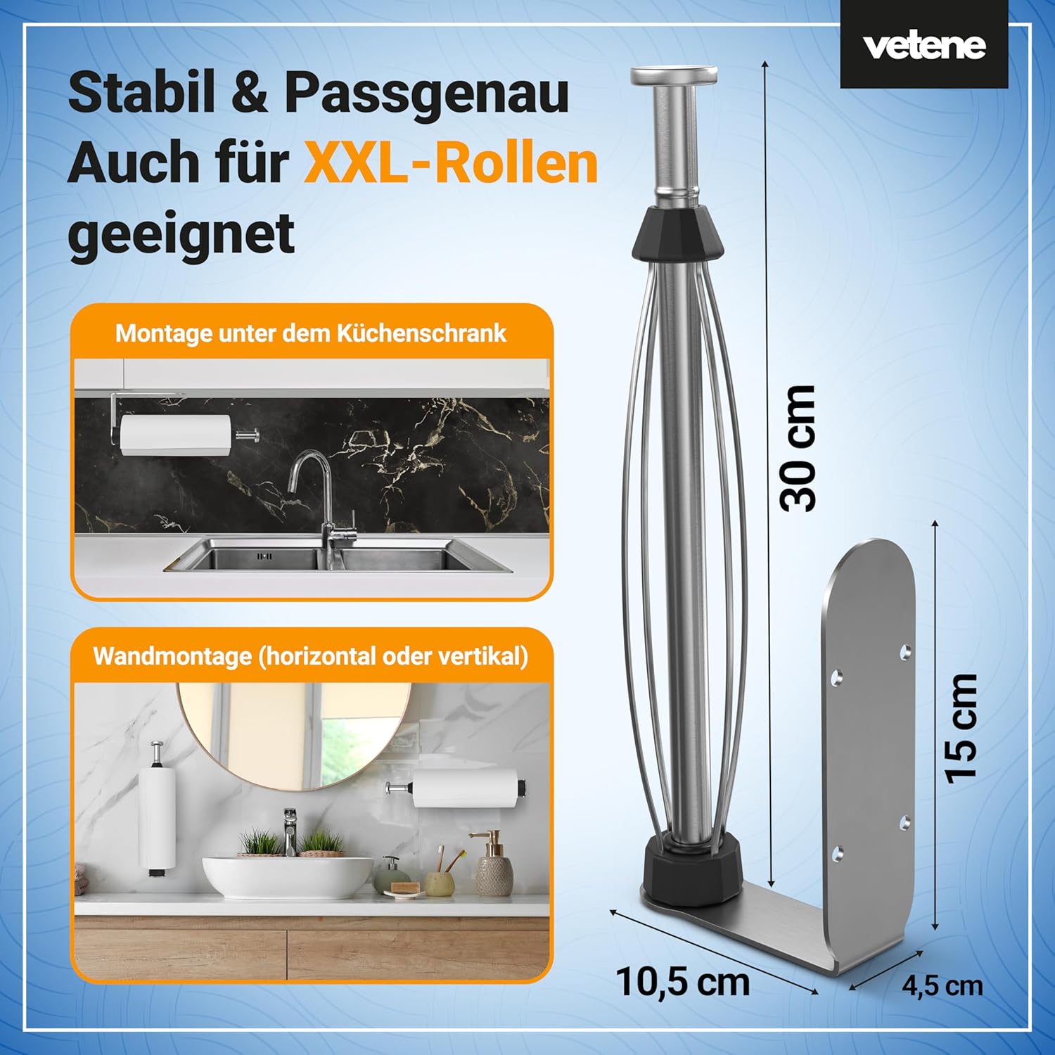 Zewa Kuechenrollenhalter Edelstahl Schwarz ohne Bohren mit Abrollstopp