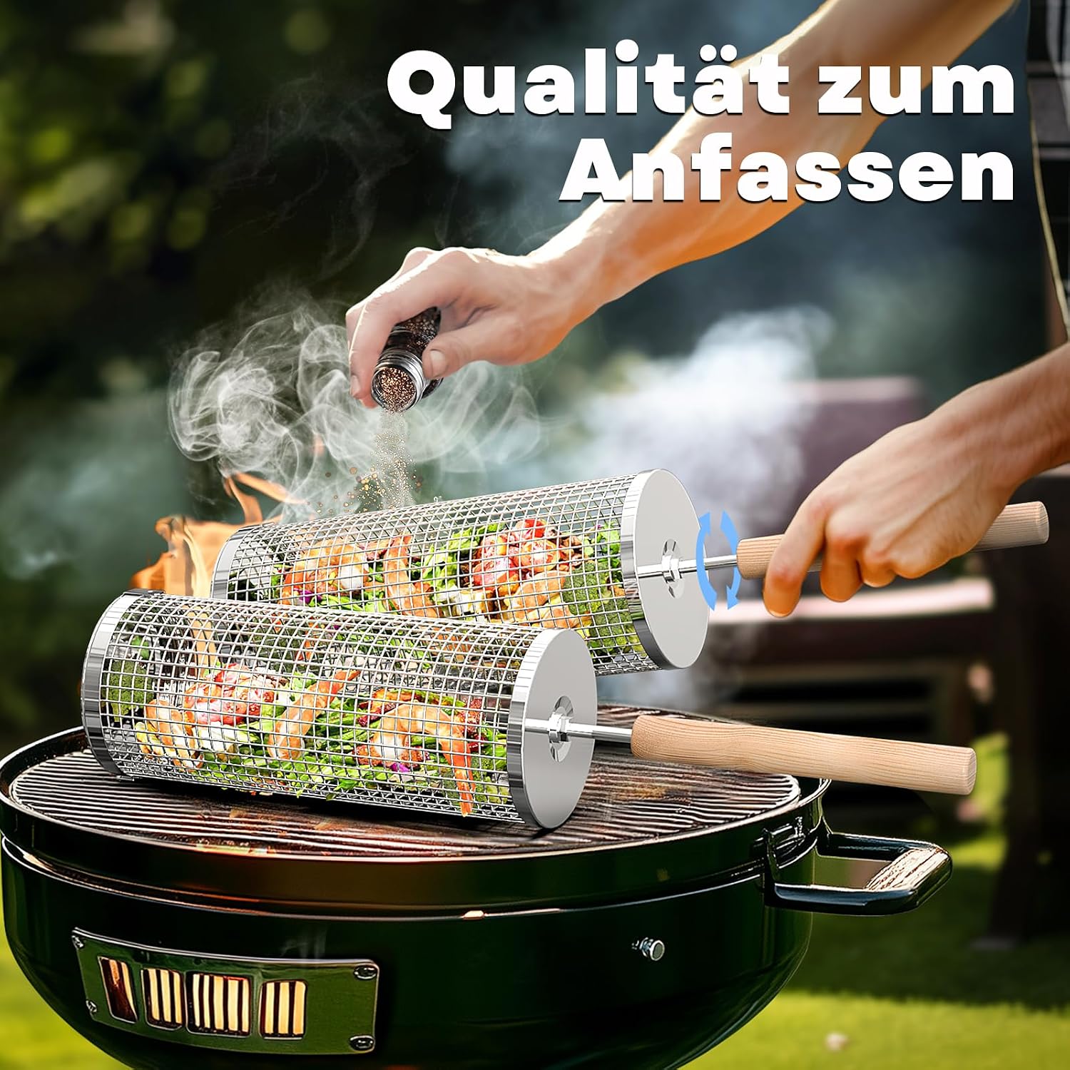 Nestbar Grillkorb Edelstahl 304 mit abnehmbarem Holzgriff fuer Gemuese - Gasgrill