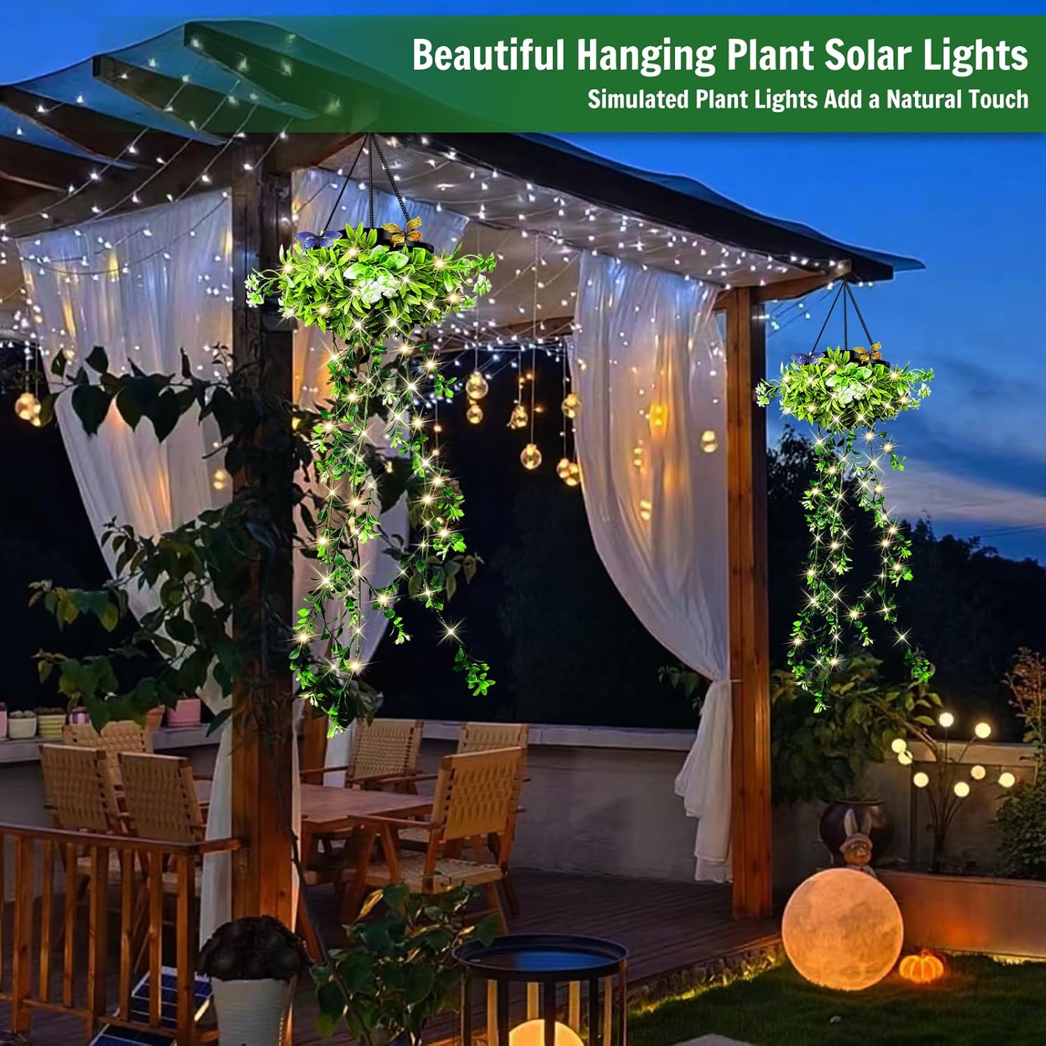 Kuenstliche Haengepflanze 2er Set mit Solar-Lichterkette IP65 wasserdicht