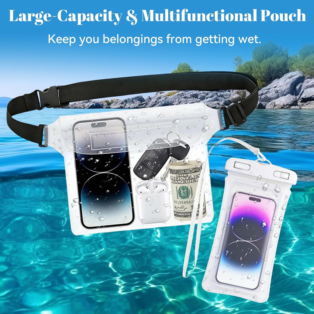 Wasserdichte Handyhuelle IPX8 transparent 4er Set Bauchtasche mit Gurt weiss