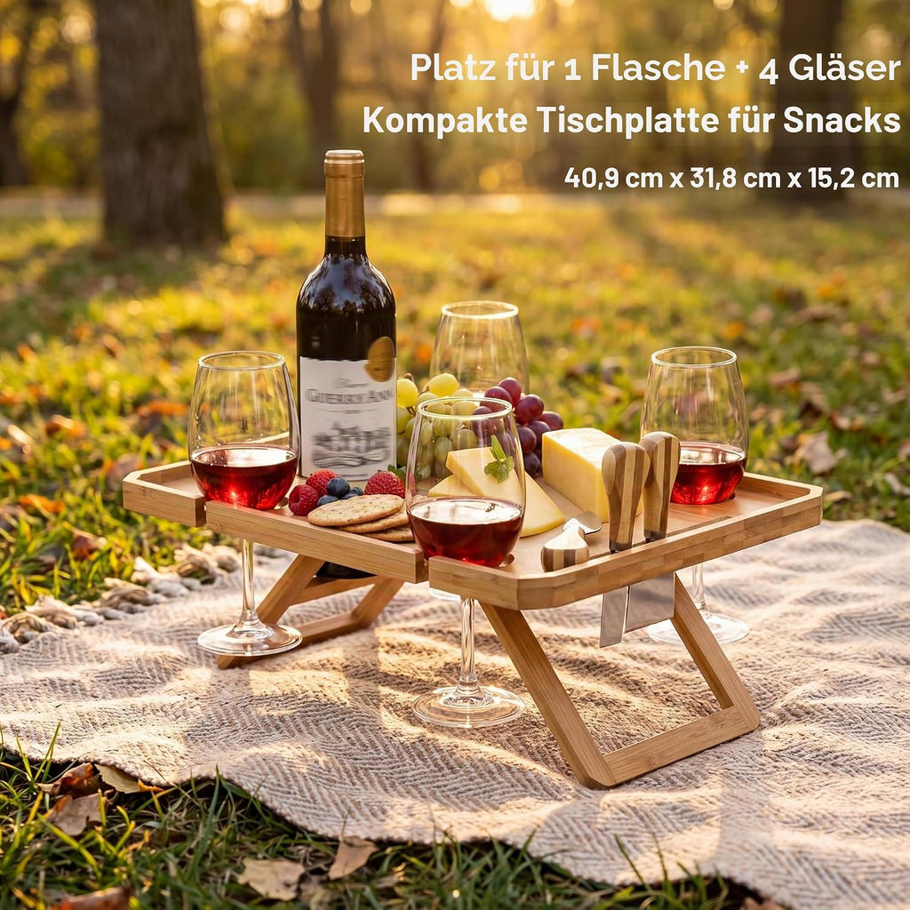 Kingrol Bambus Picknicktisch klappbar mit Flaschenhalter, Glas- und Besteckfach